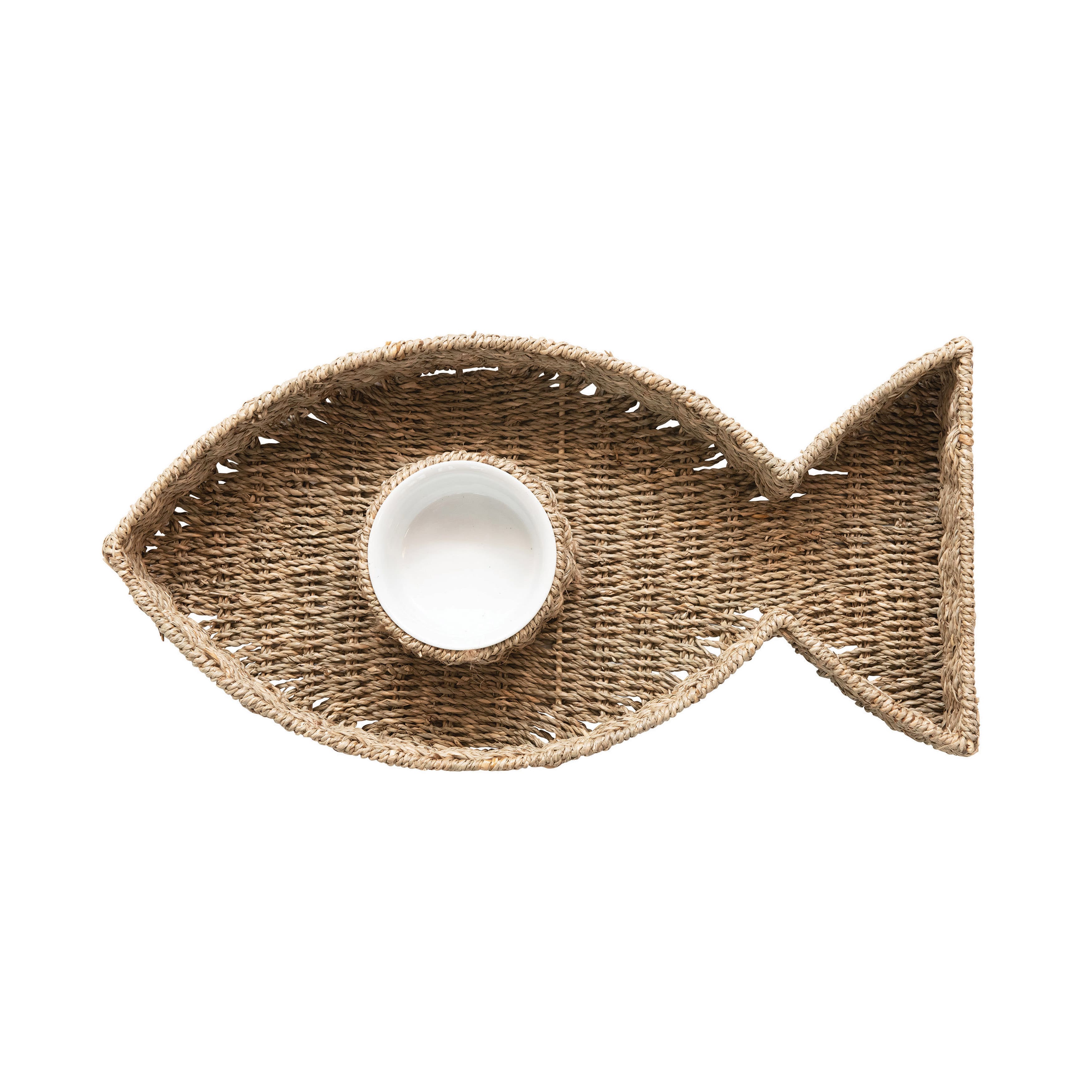 Hello Honey® Hand-Woven Seagrass Fish Shaped Chip & Dip with Ceramic Bowl Set