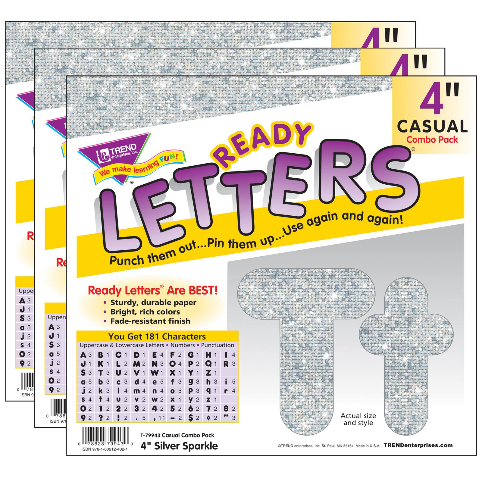 TREND Enterprises® Silver Sparkle 4" Casual Combo Ready Letters®, Pack of 3