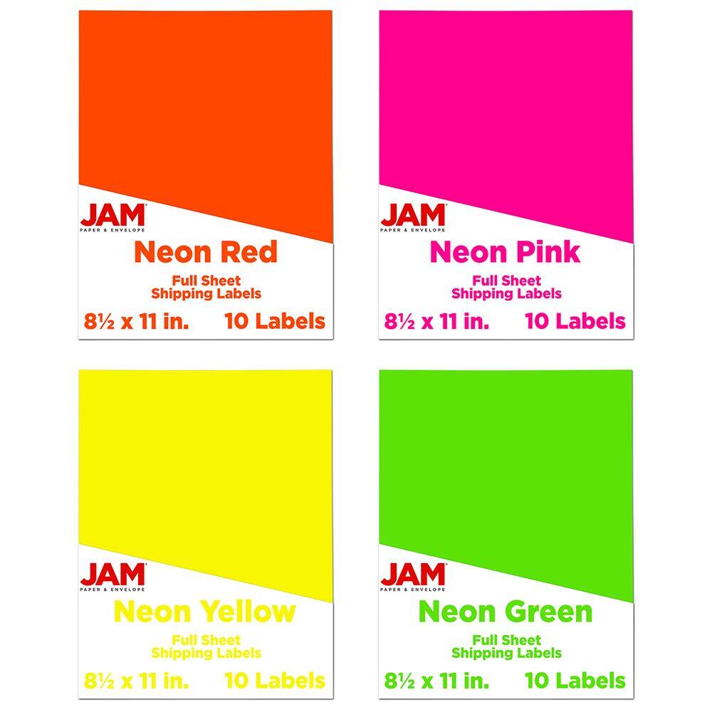 JAM Paper Assorted Neon Full Sheet Shipping Labels, 8.5" x 11"