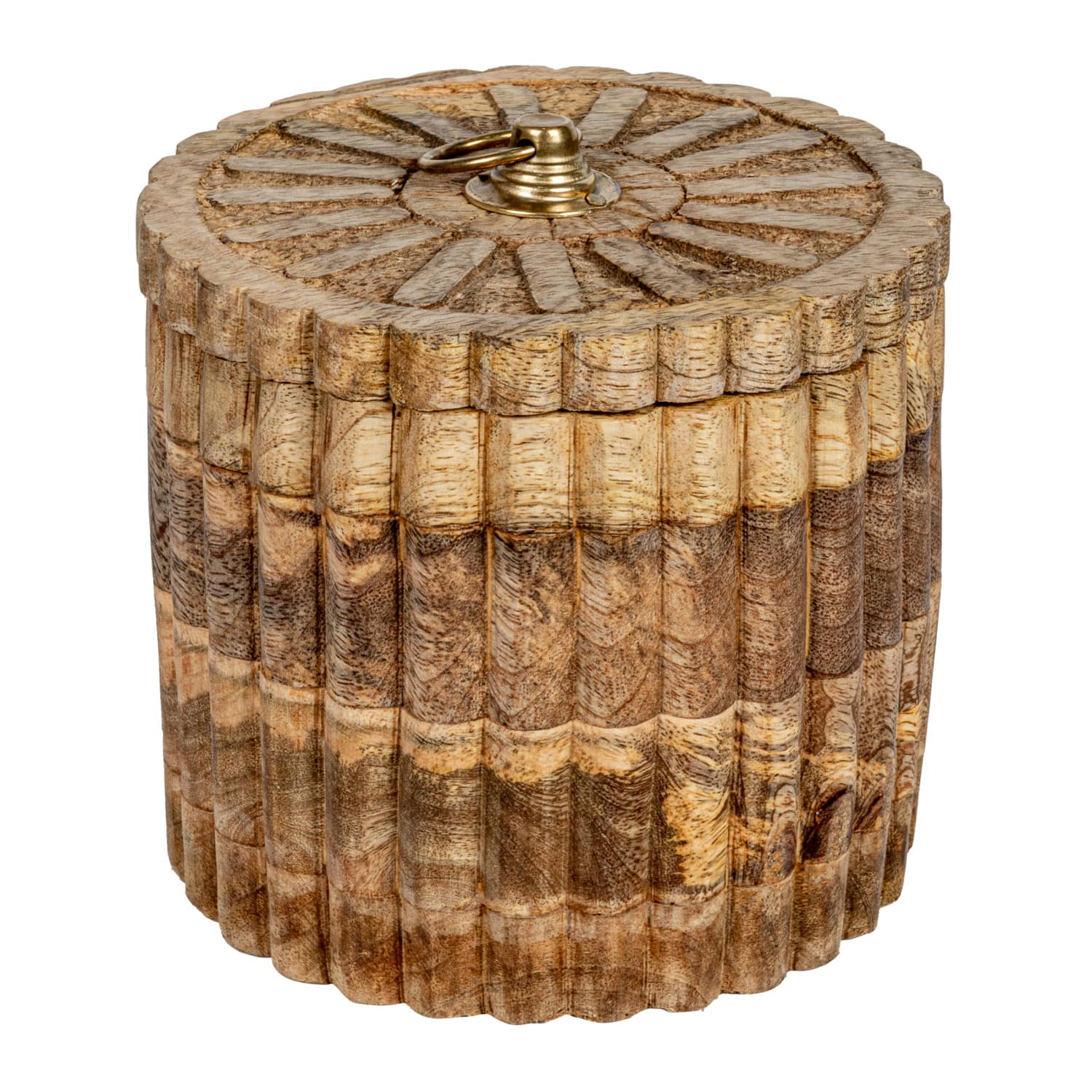 Hello Honey® 5.75" Round Carved Mango Wood Pleated Box with Lid & Metal Pull