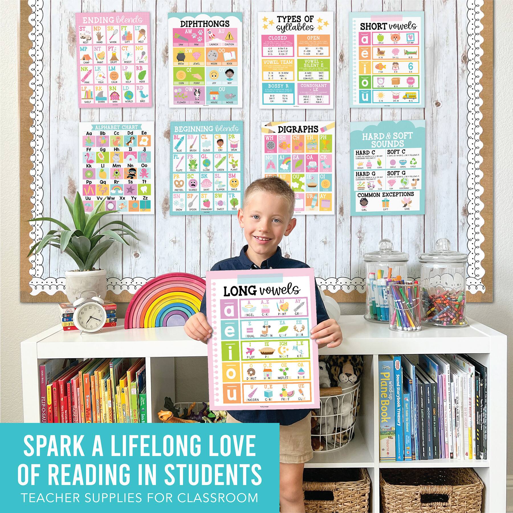 Hadley Designs 11" x 14" Colorful Sound Wall Phonics and Vowels English Posters Set