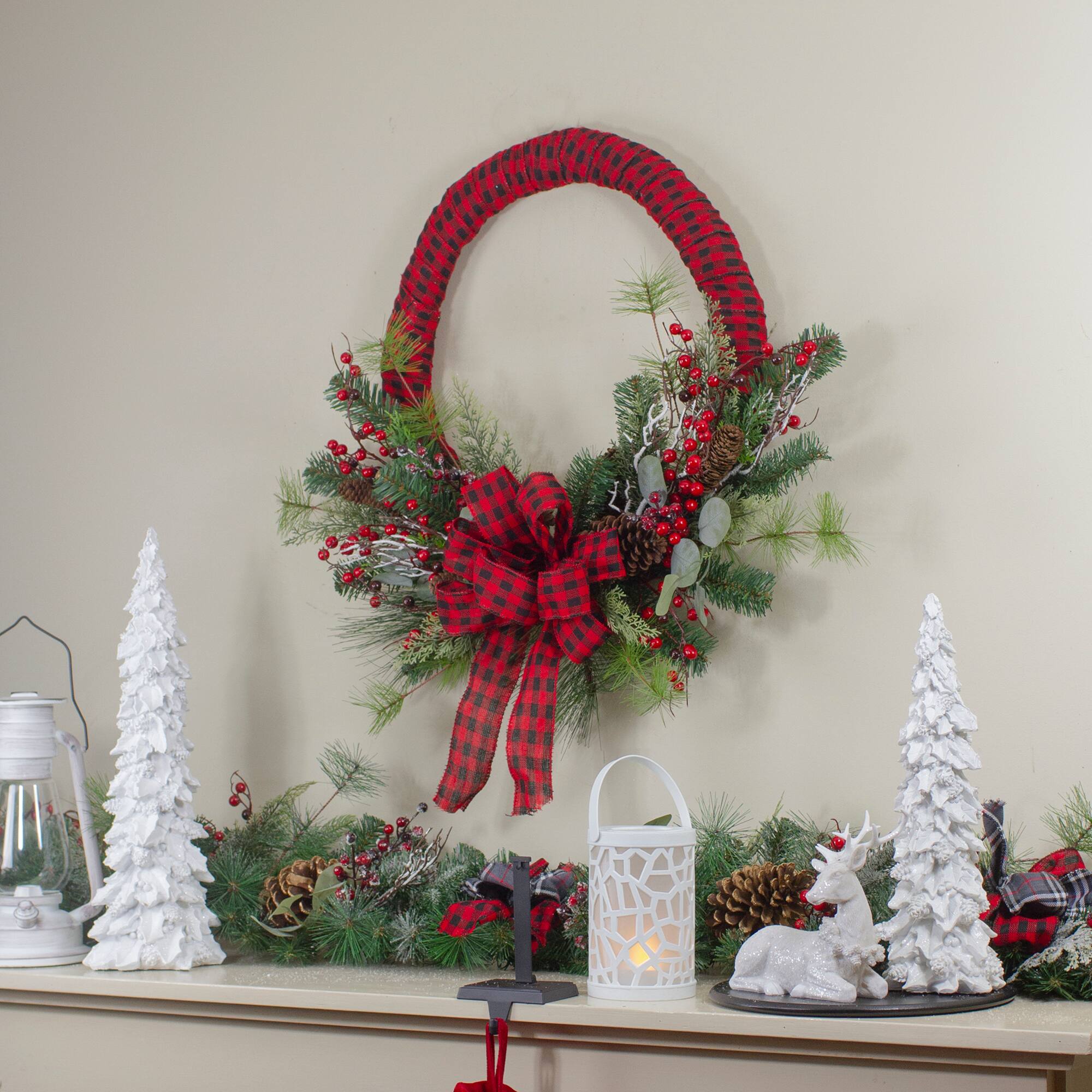 24&#x22; Red And Black Buffalo Plaid And Berry Artificial Wreath