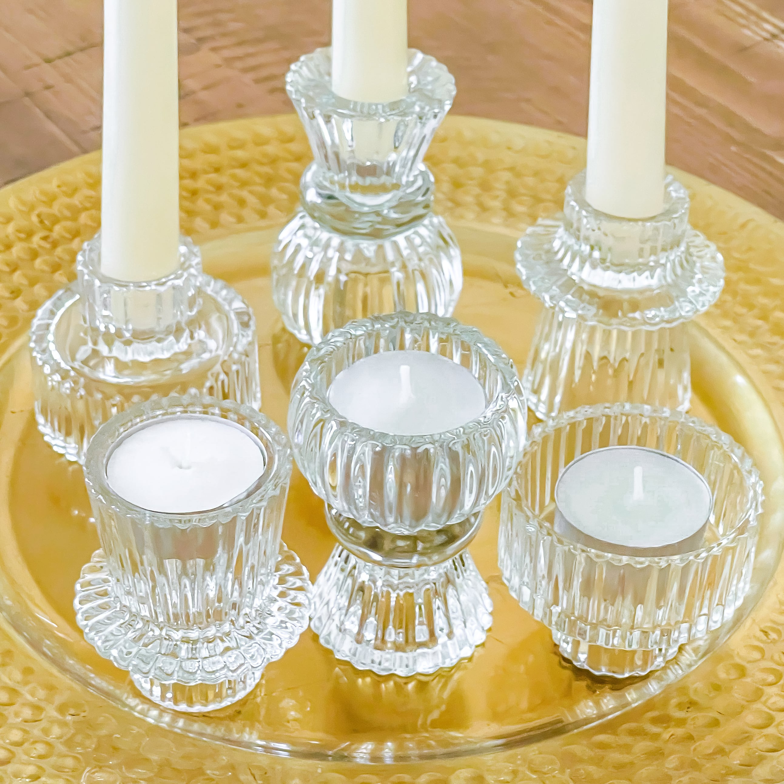 Kate Aspen&#xAE; Assorted Vintage Ribbed Clear Glass Candlestick Candle Holder Set