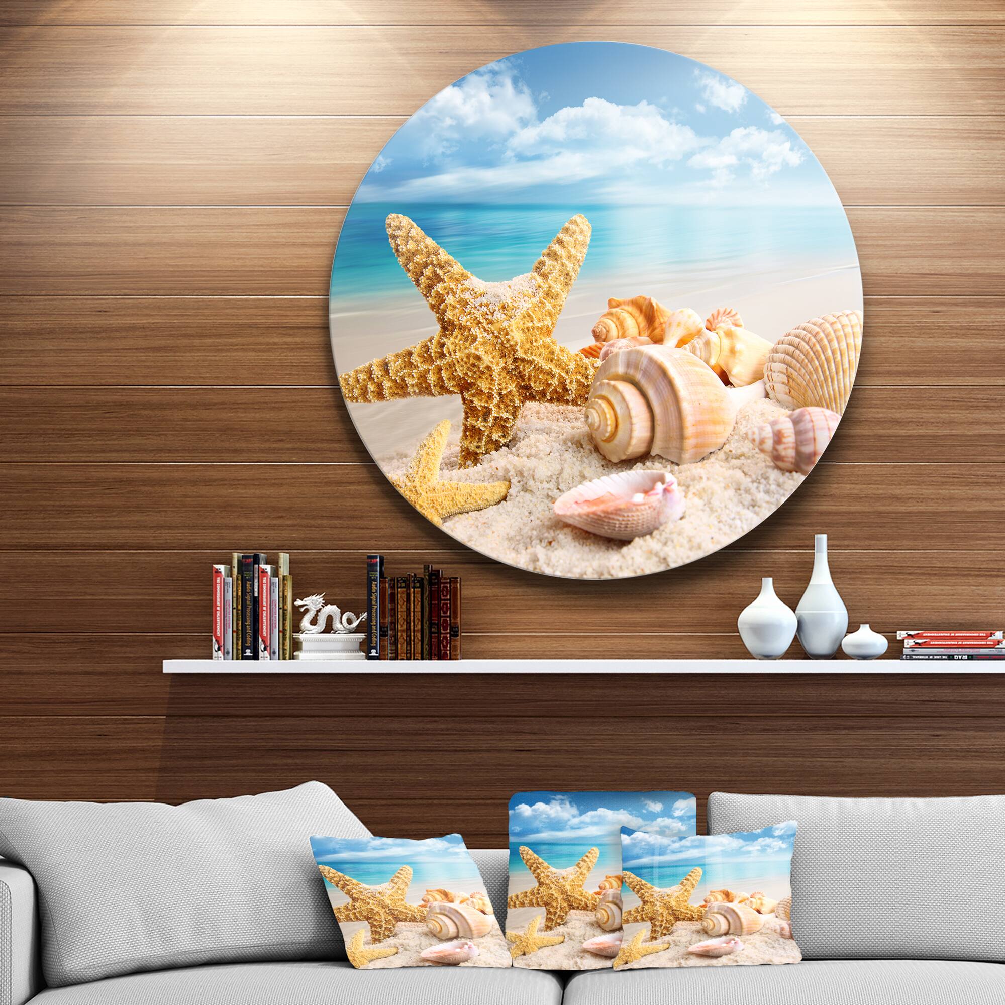 Designart - Starfish and Seashells on Beach' Seashore Photo Metal Circle Wall Art