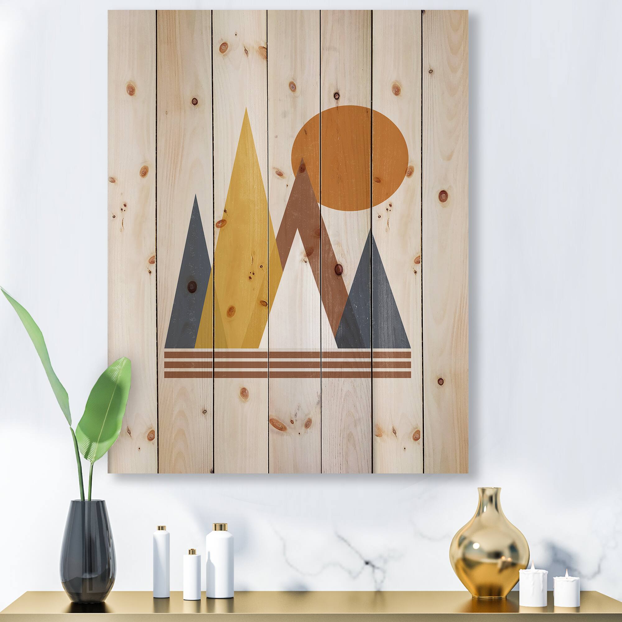 Designart - Mountain Abstract and Sun - Modern Print on Natural Pine Wood