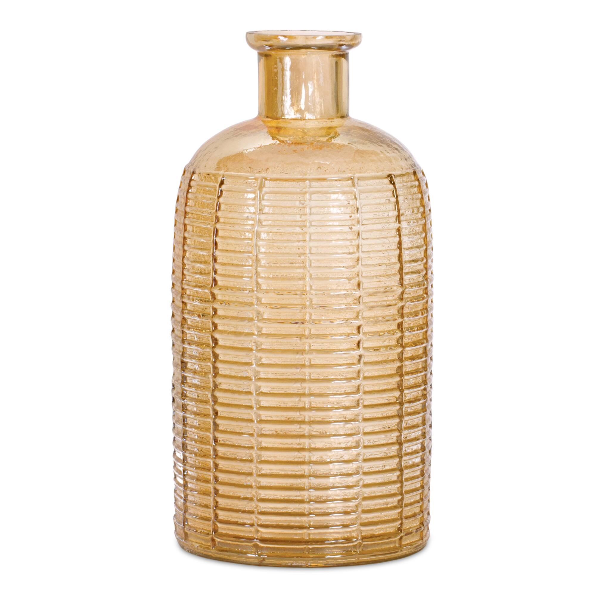 10&#x22; Amber Mid Century Ribbed Glass Vase