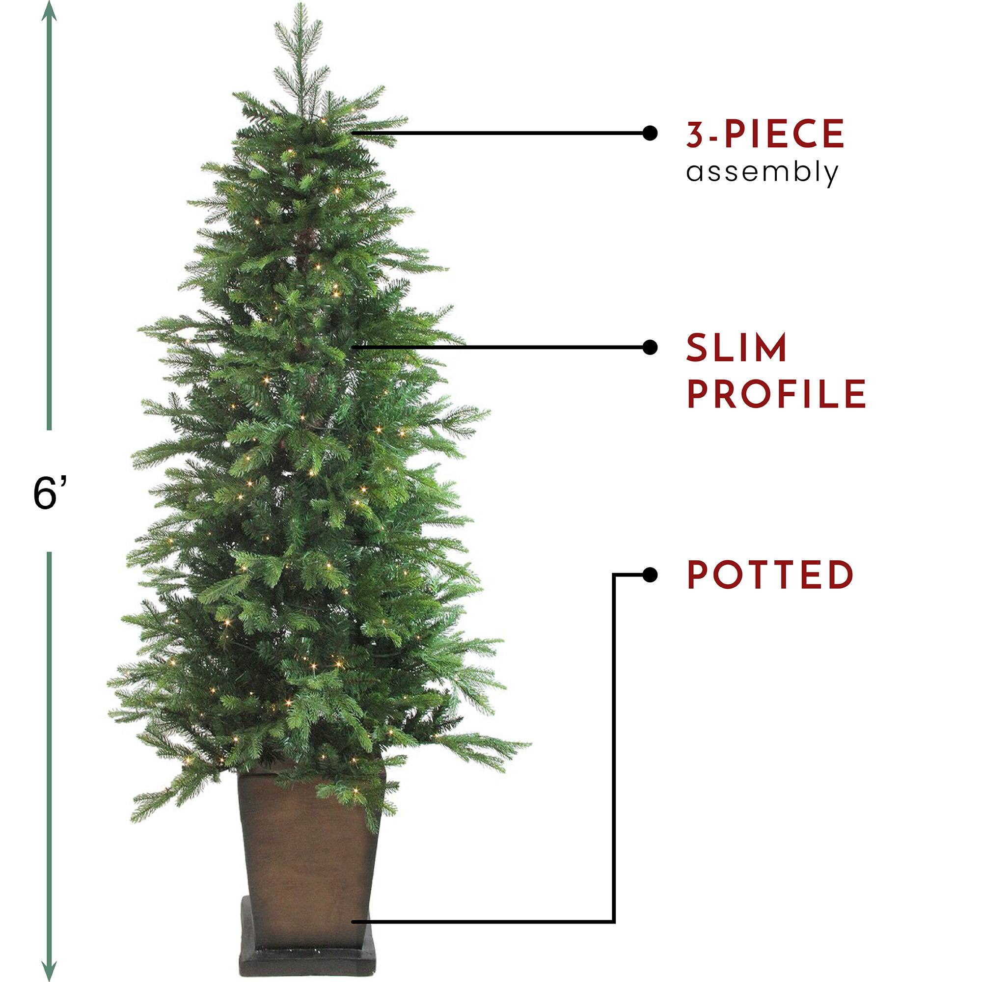 6ft. Pre-Lit Oregon Noble Fir Slim Artificial Christmas Tree in Decorative Planter, Warm White LED Lights