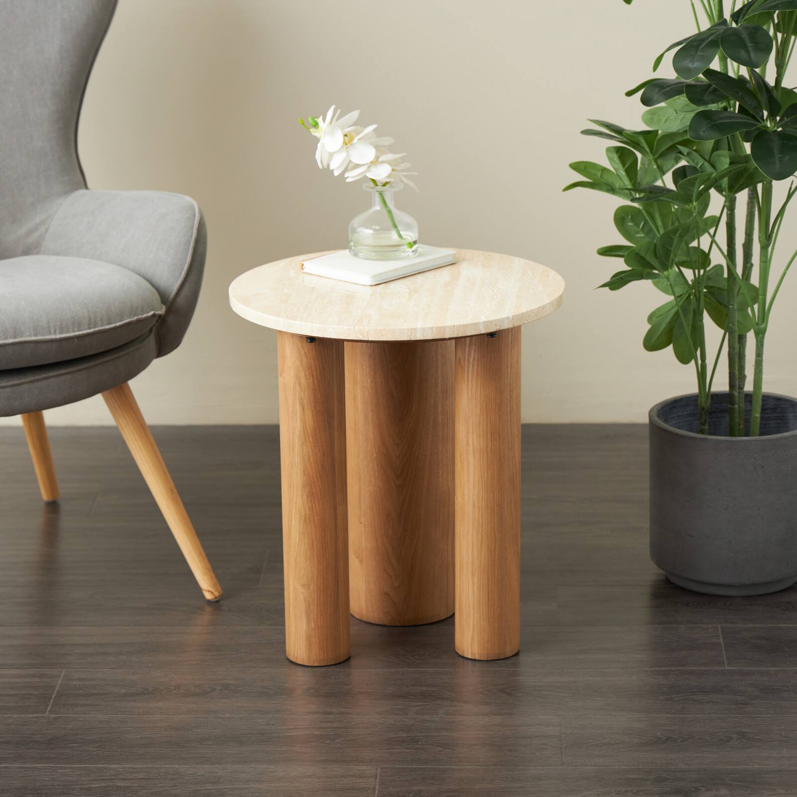 20" Brown Wood with Beige Marble Tabletop Accent Table