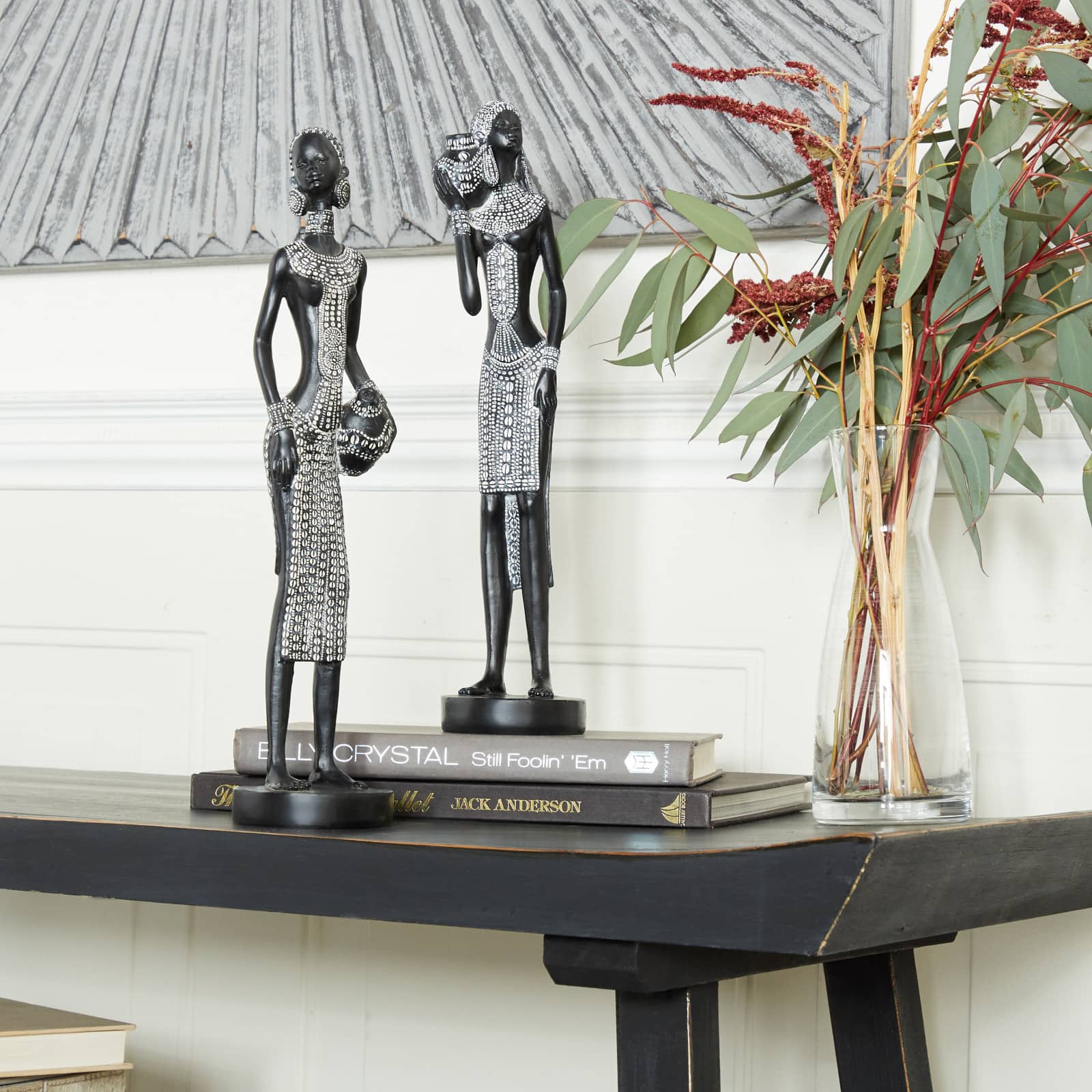 Set of 2 Black Polystone Eclectic Sculptures, 14&#x22; x 4&#x22; x 3&#x22;