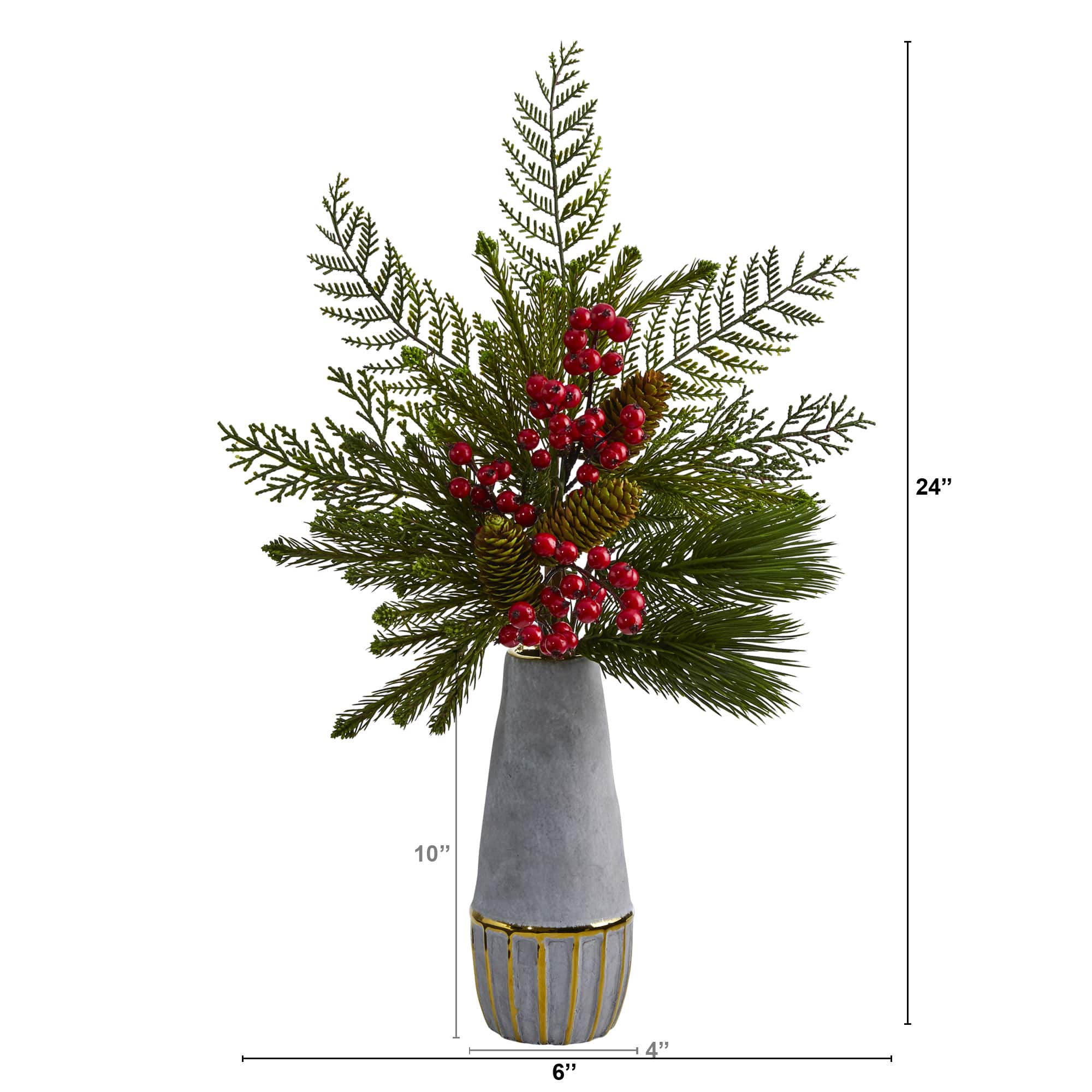 24&#x22; Mixed Pine, Pinecone &#x26; Berry Arrangement in Stoneware Vase