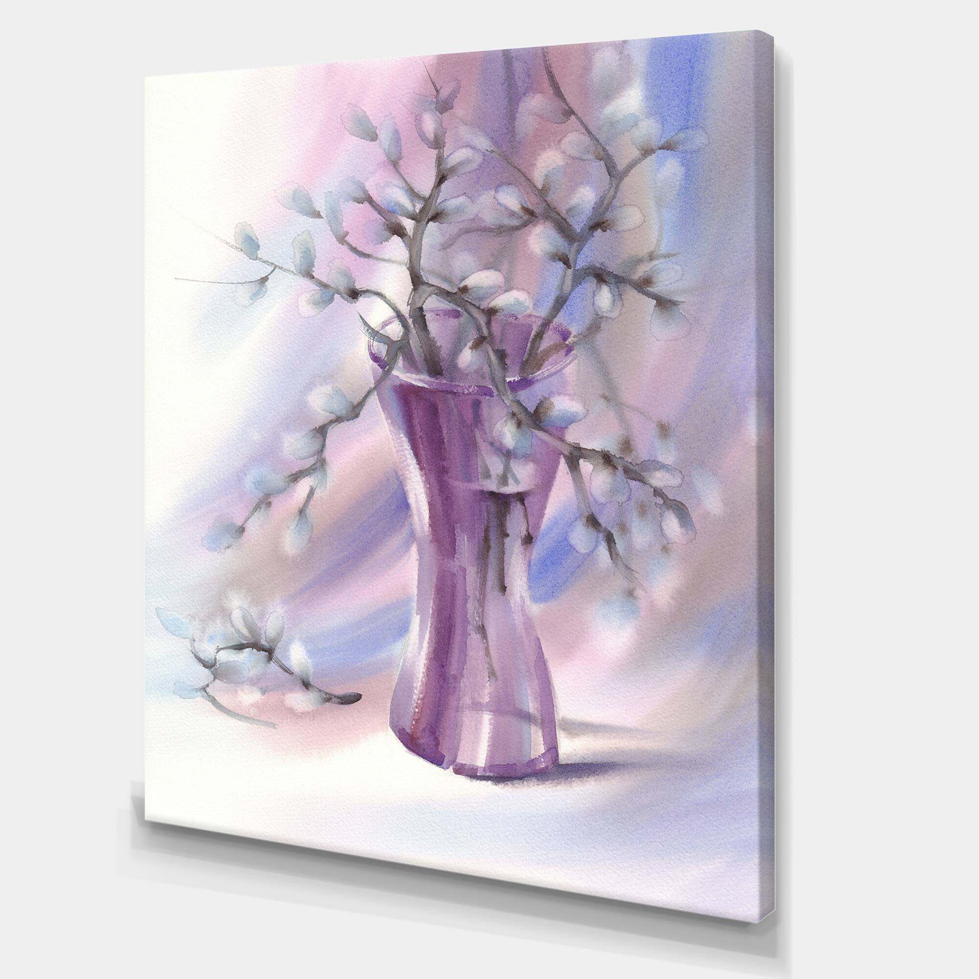 Designart - Pussy Willow Branches In Violet Glass Vase - Farmhouse Canvas Wall Art Print