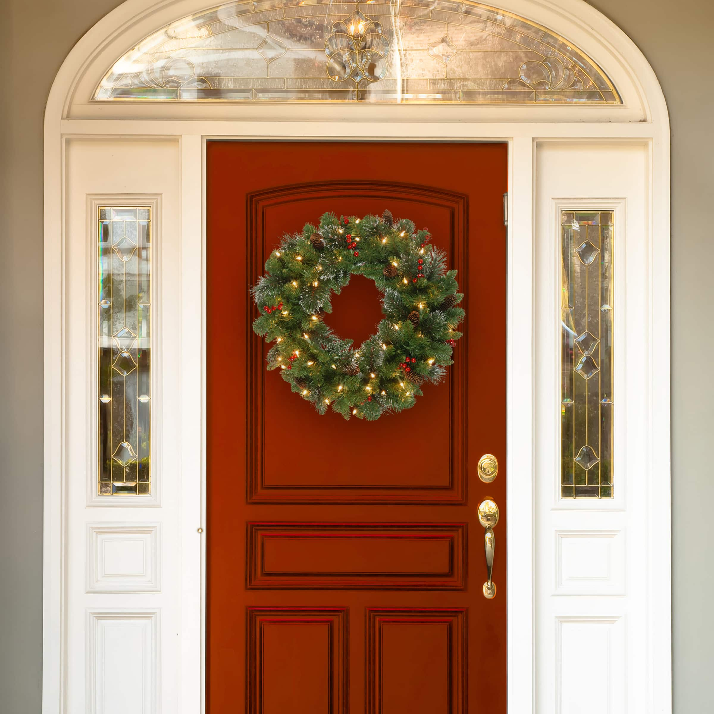 30&#x22; Crestwood&#xAE; Spruce Wreath with Pine Cones, Red Berries, Glitter &#x26; Clear Lights