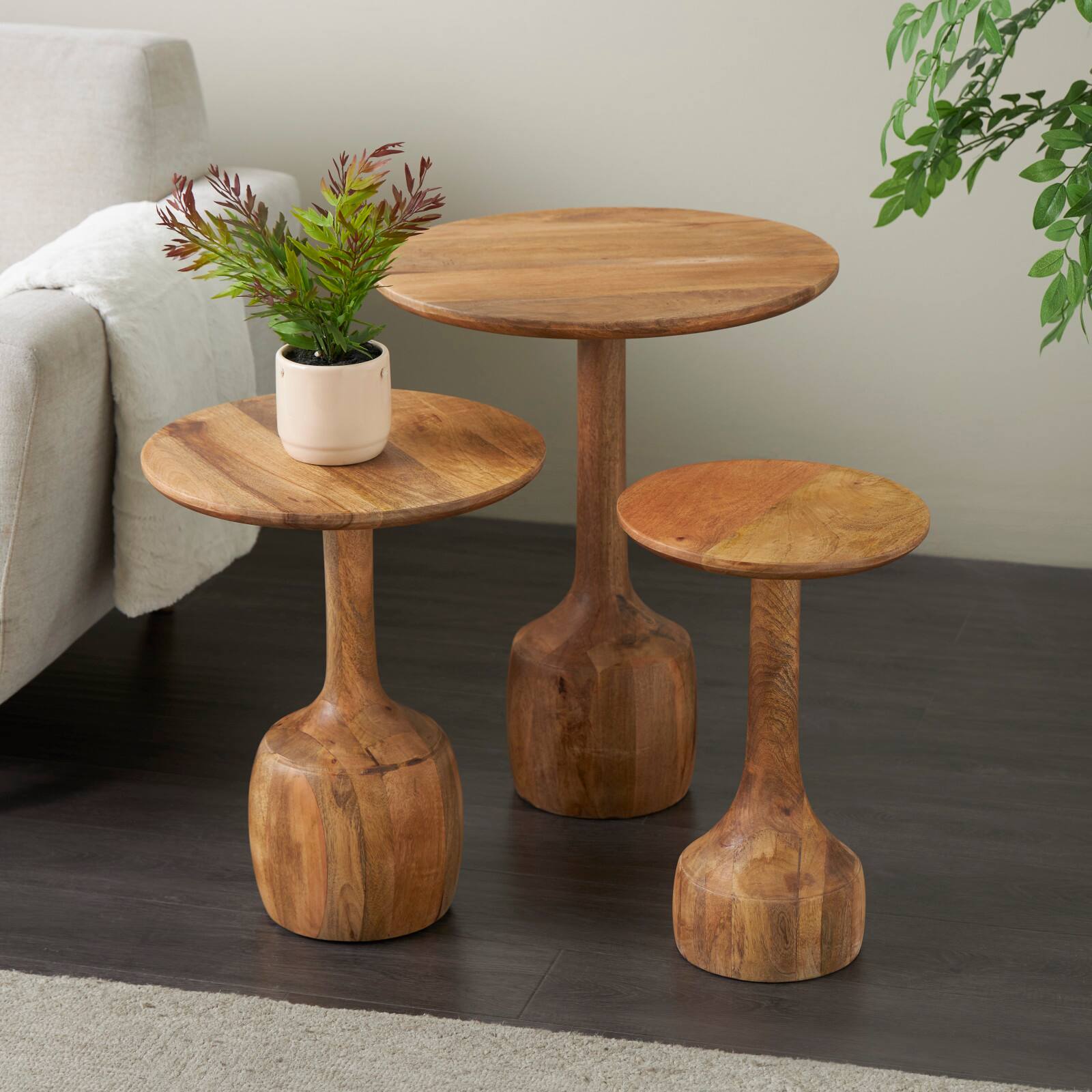 Brown Mango Wood Handmade Cone Shaped Accent Table with Black Tabletop Set