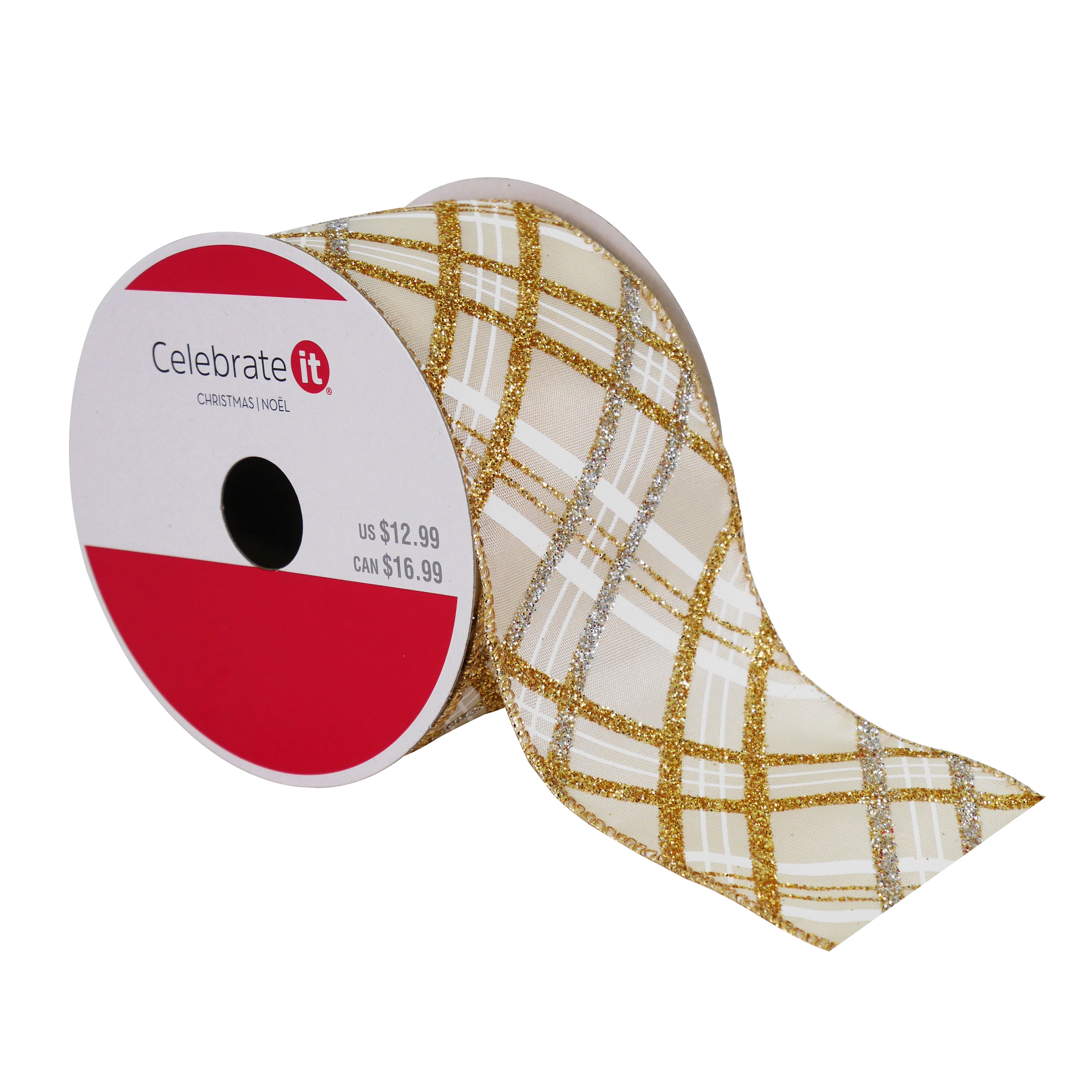 2.5&#x22; x 20ft. Gold Plaid Wired Ribbon by Celebrate It&#xAE; Christmas