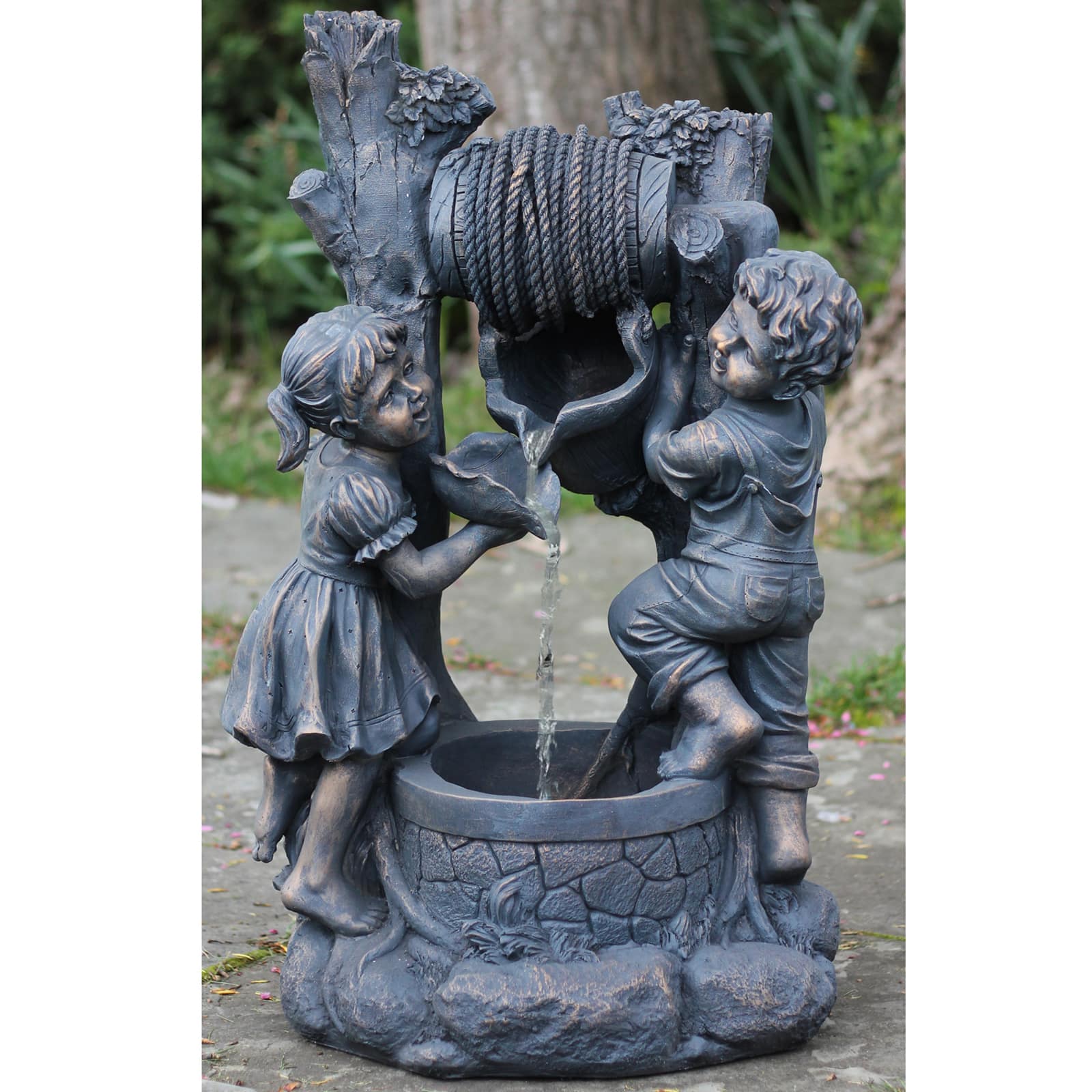 30" Bronze Children at the Well Outdoor Garden Water Fountain