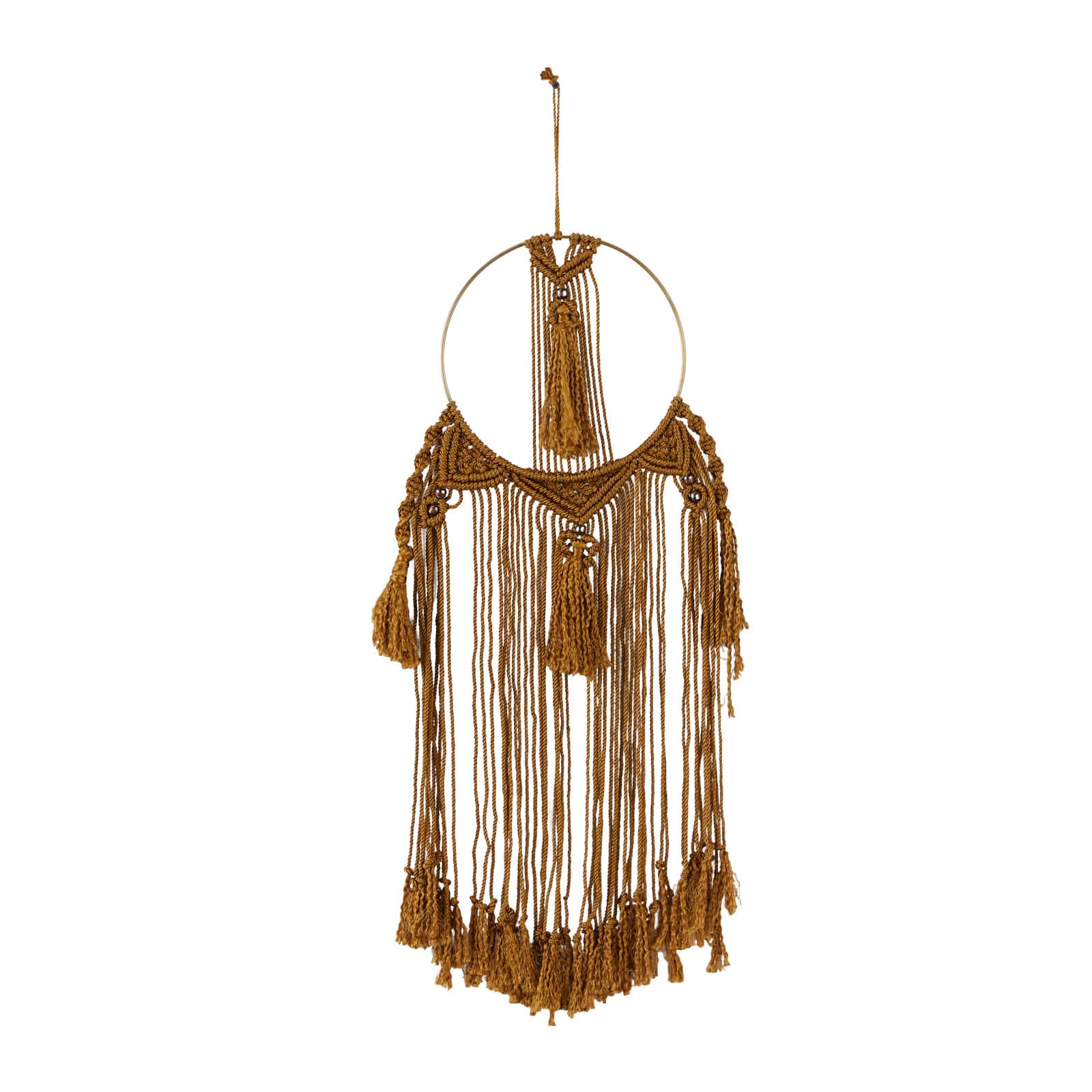 Brown Fabric Intricately Weaved Macrame Wall Decor with Beaded Fringe Tassels 10&#x22; x 1&#x22; x 38&#x22;