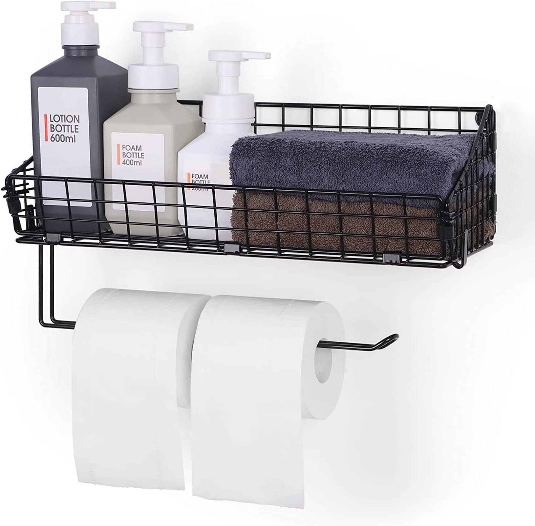 NEX™ 16" Black Wall Mounted Wire Basket Shelf & Paper Roll Holder
