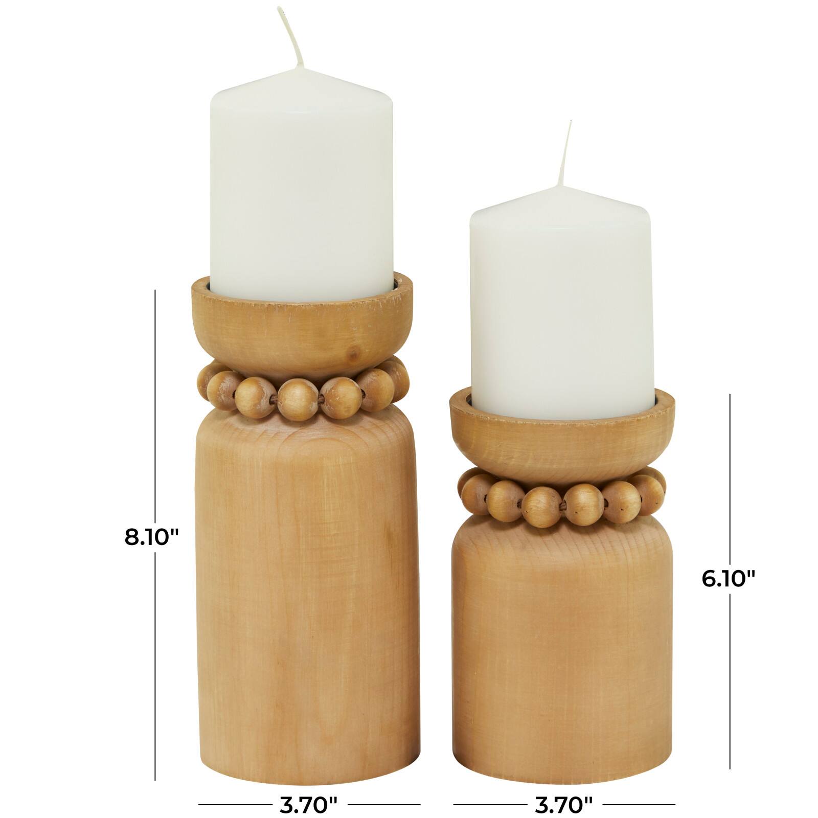 Brown Wood Beaded Pillar Candle Holder Set
