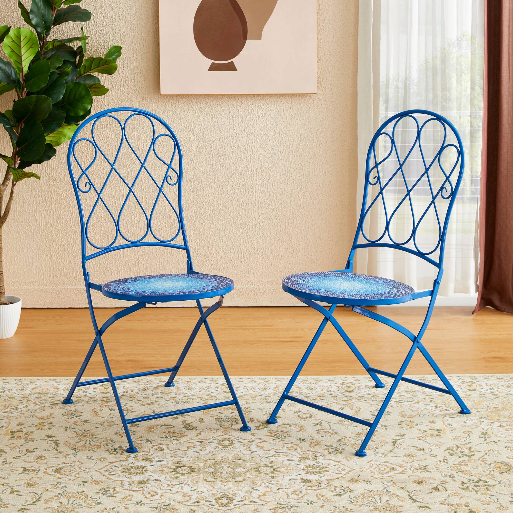 Glitzhome® 36.5" Blue Outdoor Metal Folding Bistro Chairs with Ceramic Tiles Seat, 2ct.