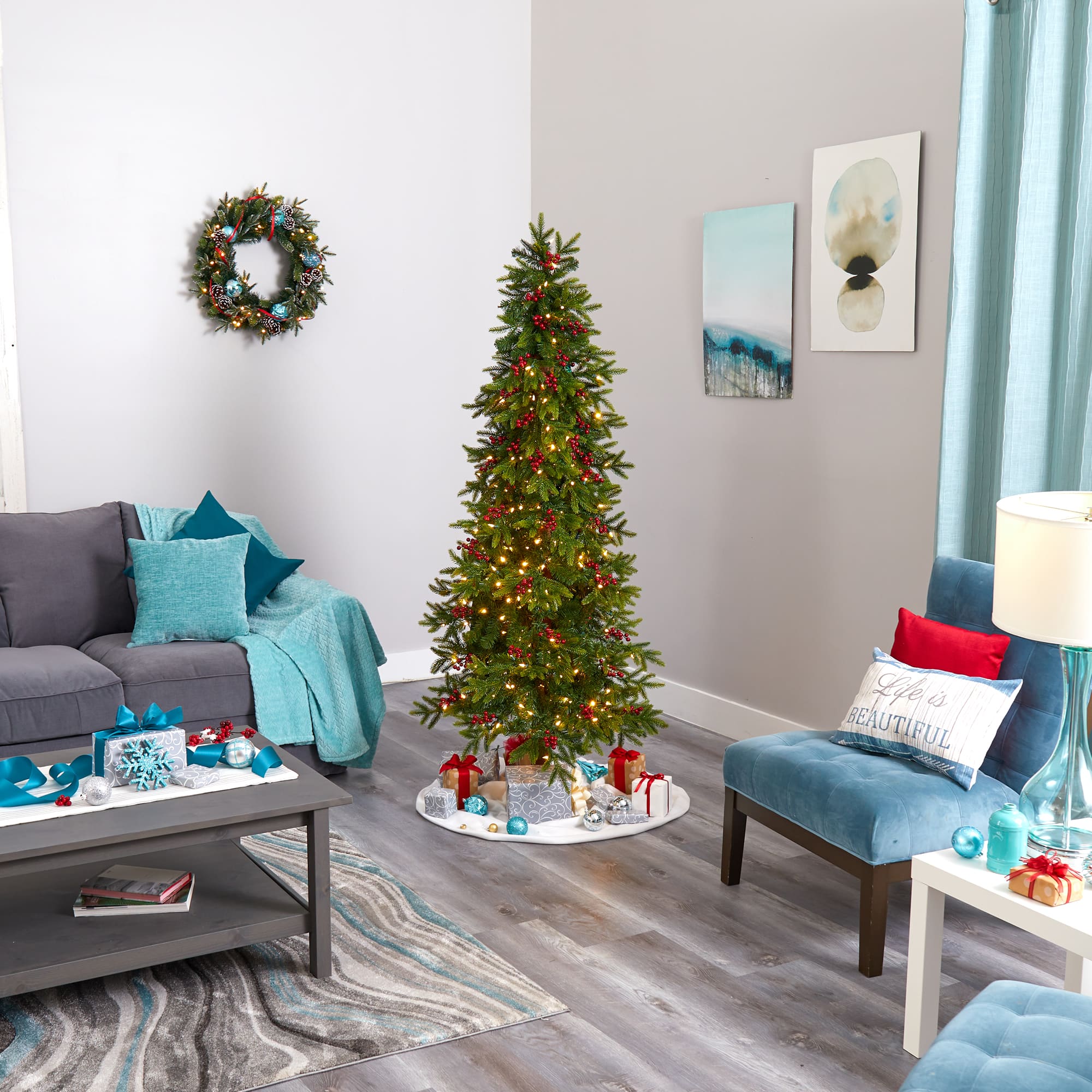 6ft. Pre-Lit Berries Victoria Fir Artificial Christmas Tree with Color Changing LED Lights