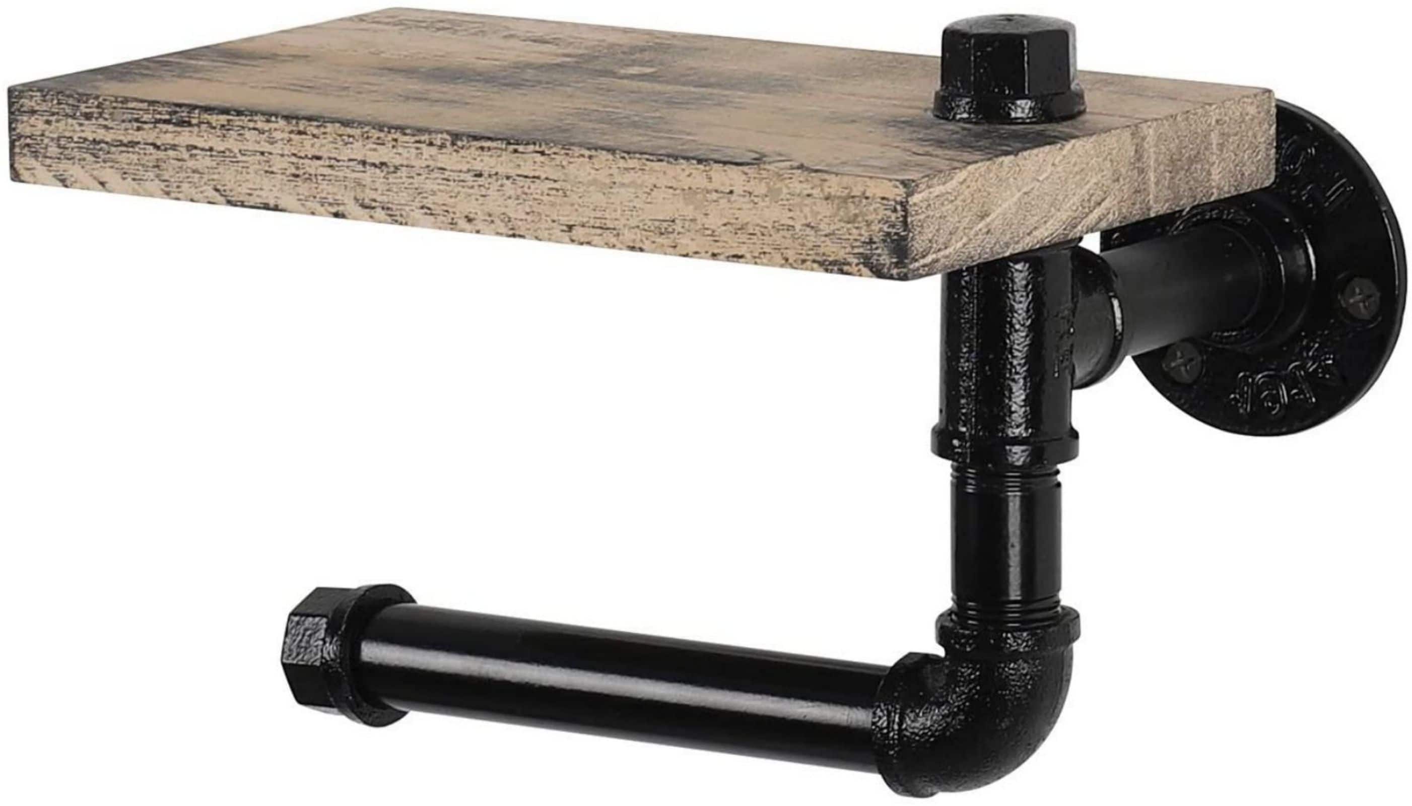 Rustic Brown Industrial Wall-Mounted Toilet Paper Holder with Wood Shelf