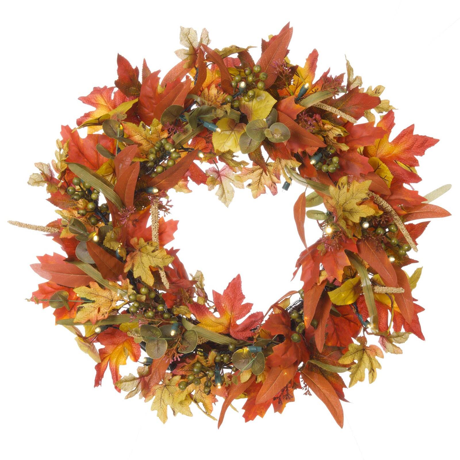 24" Pre-Lit Fall Harvest Leaf Holiday Wreath