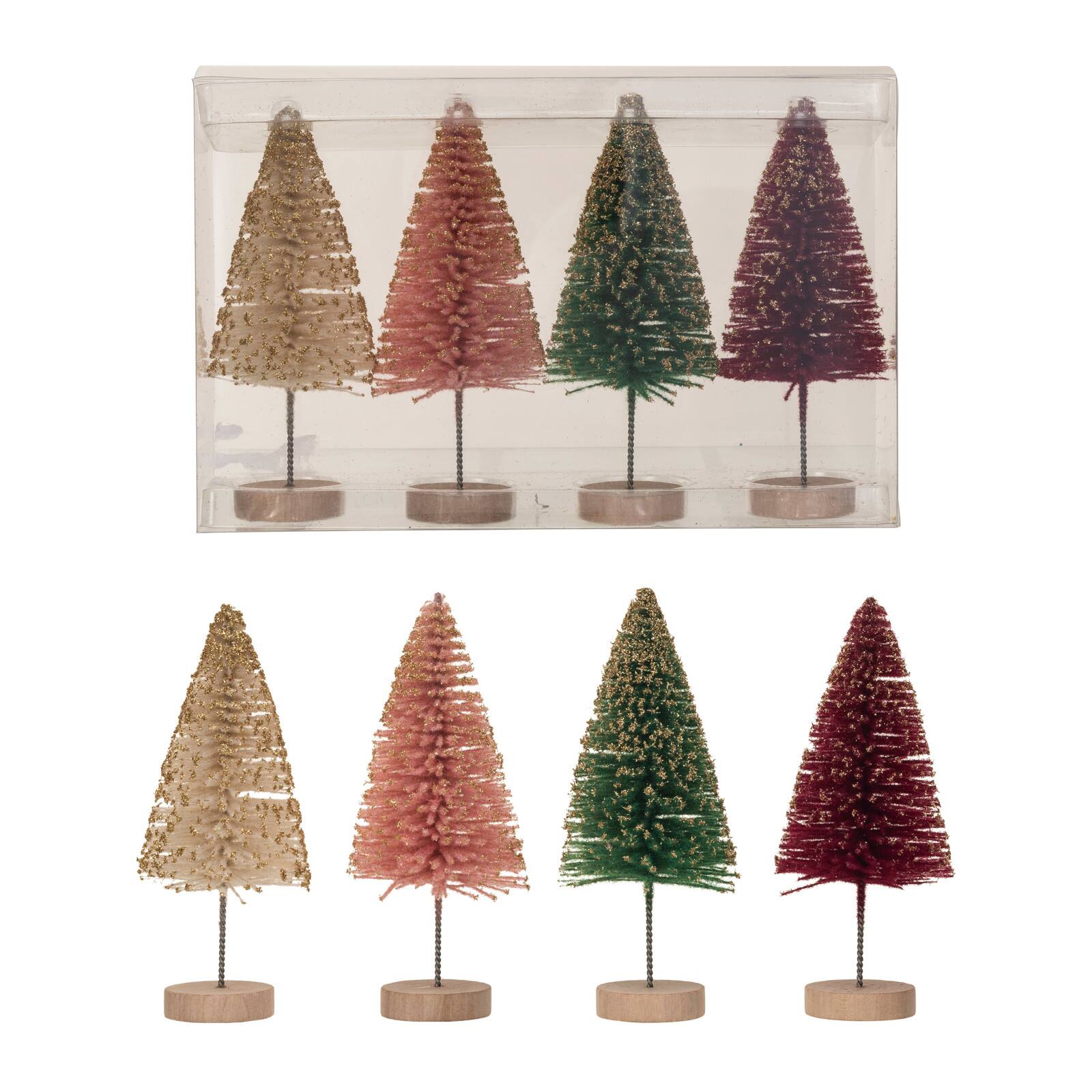 6" Multicolor Sisal Bottle Brush Trees with Gold Glitter & Wood Base, 4ct.