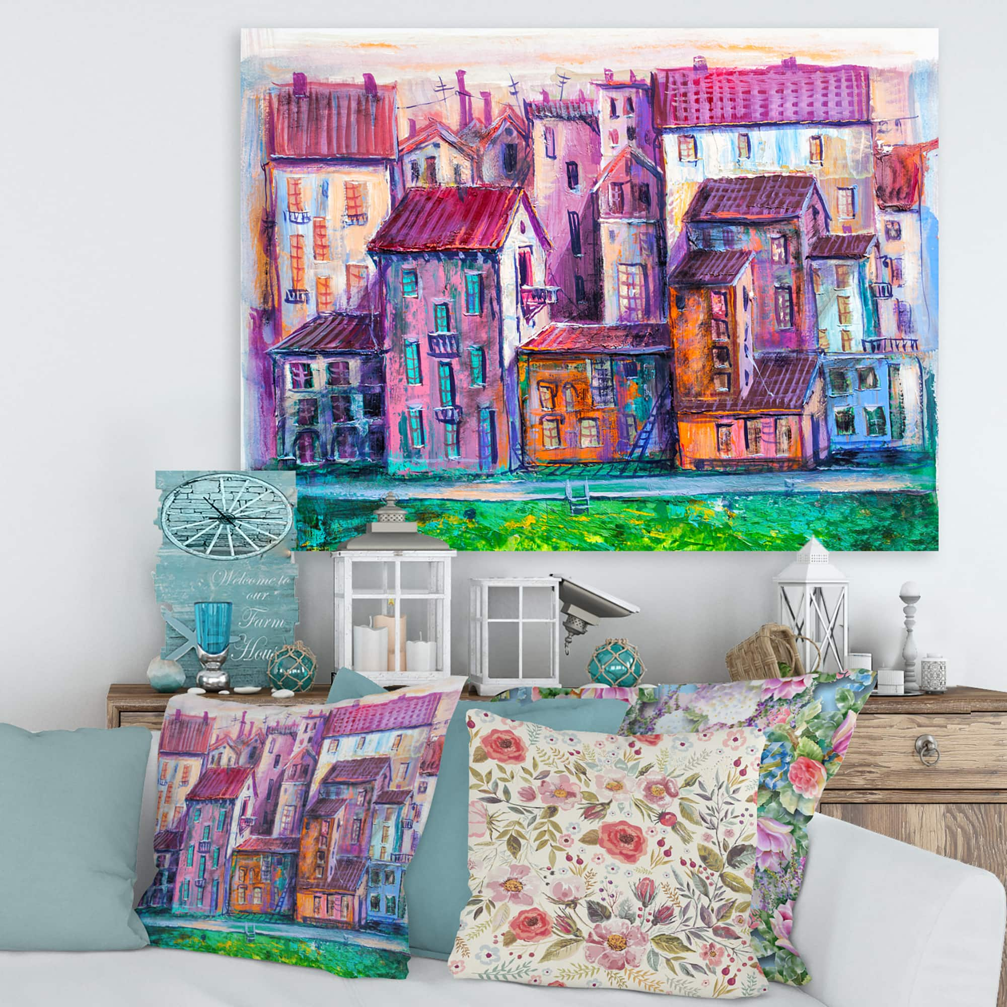 Designart - Street With Colorful Old Homes - Modern Canvas Wall Art Print