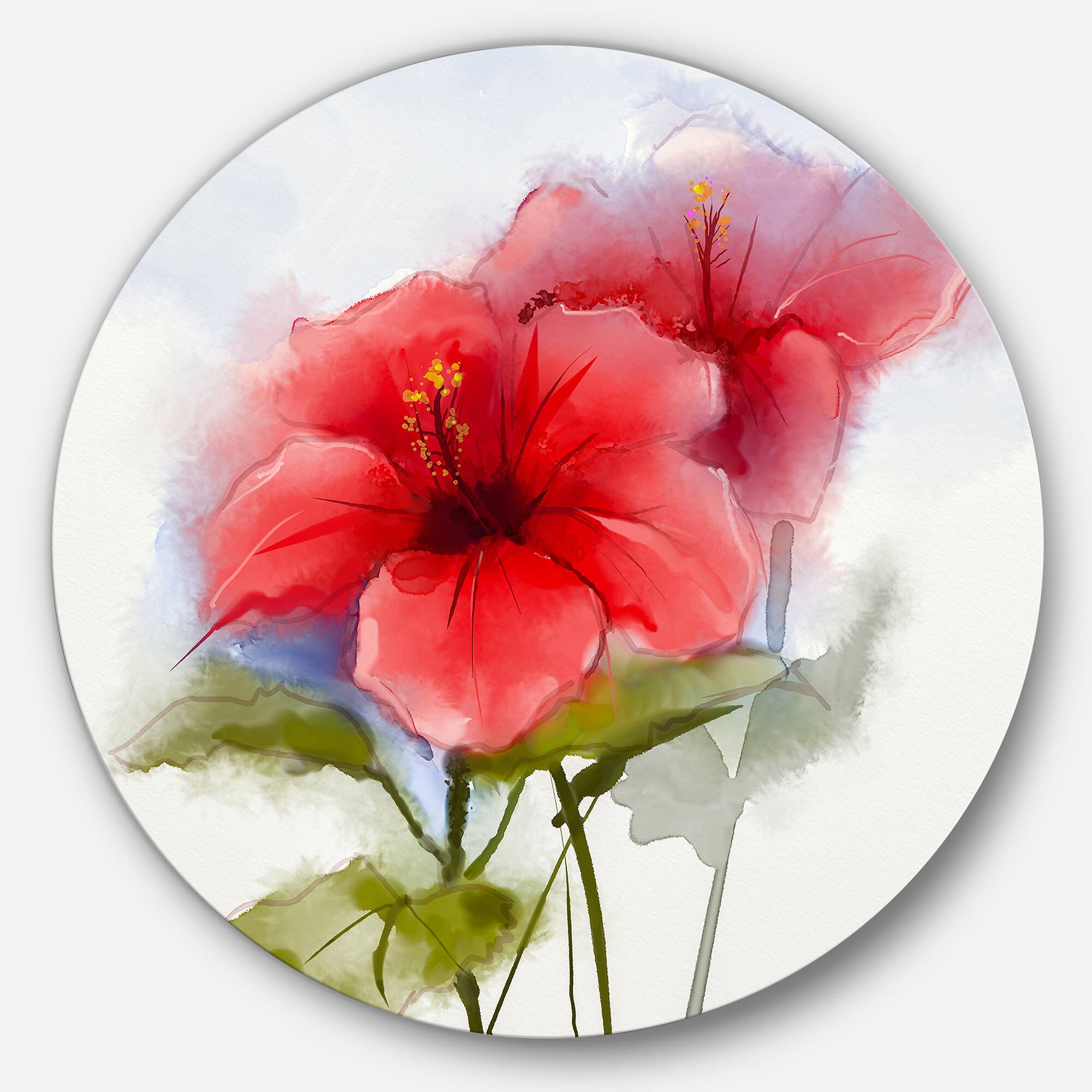 Designart - Watercolor Painting Red Hibiscus Flower&#x27; Large Floral Metal Circle Wall Art