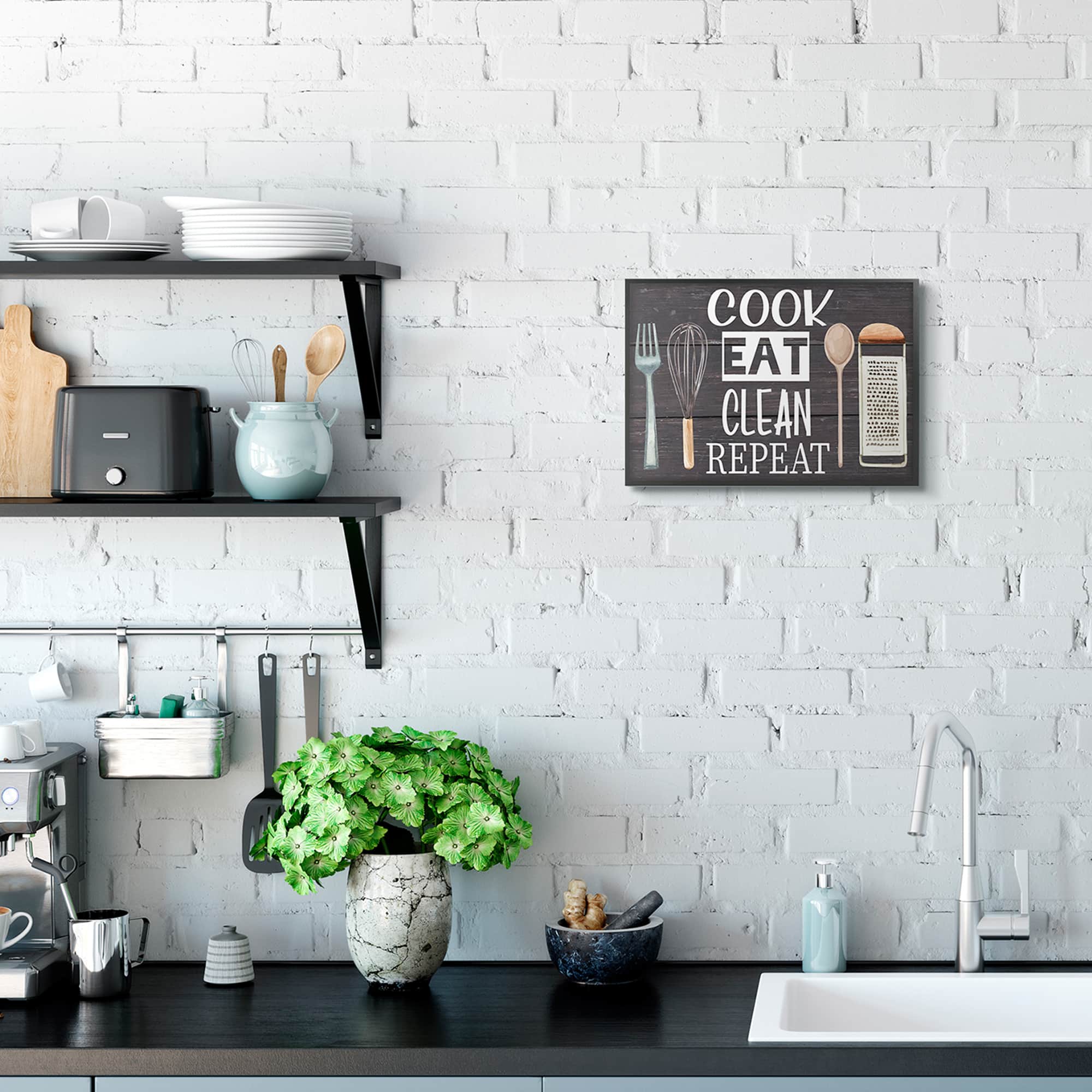 Stupell Industries Cook Eat Clean Humorous Quote Rustic Kitchenware in Frame Wall Art