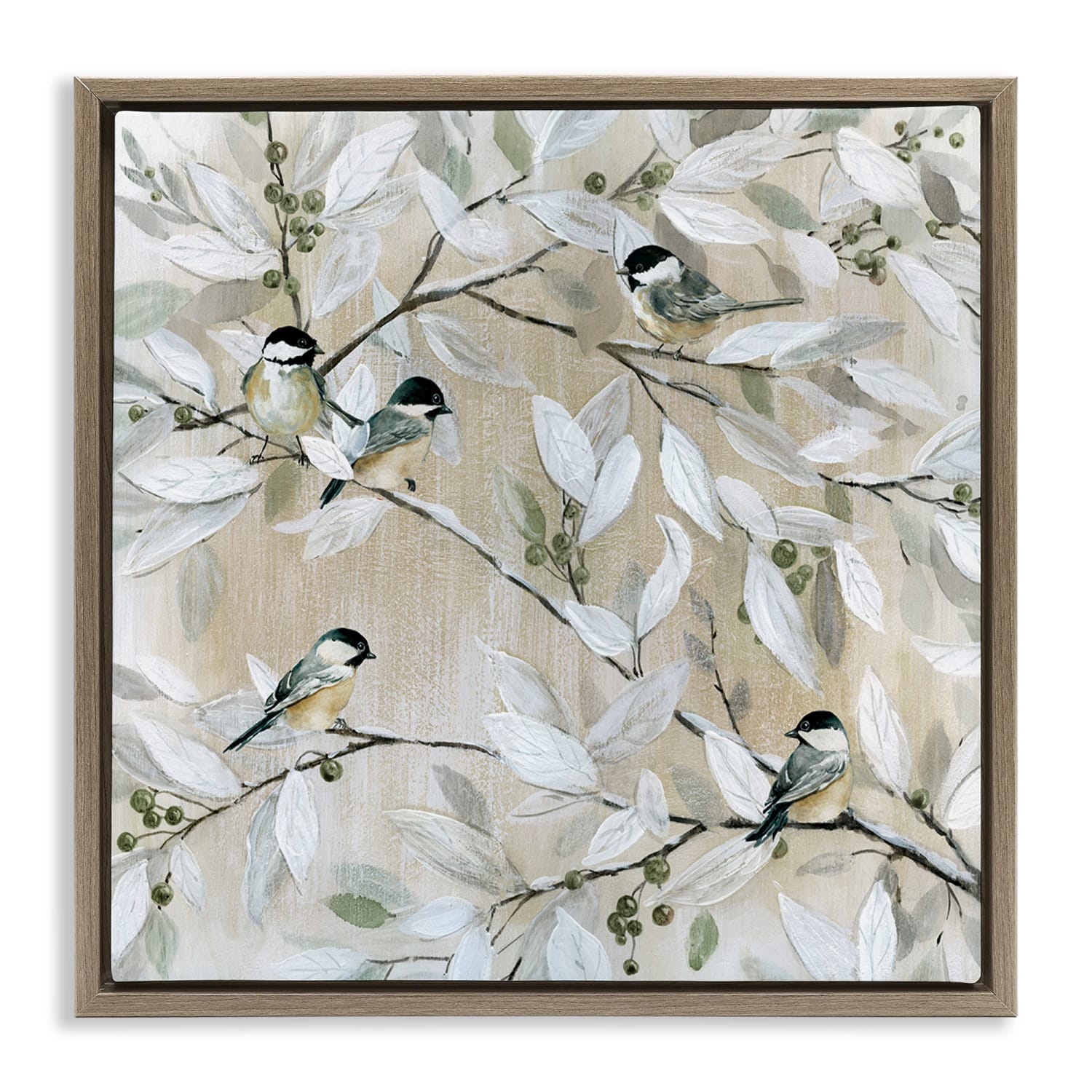 Stupell Industries Chickadee Birds on Branches Floater Framed Art