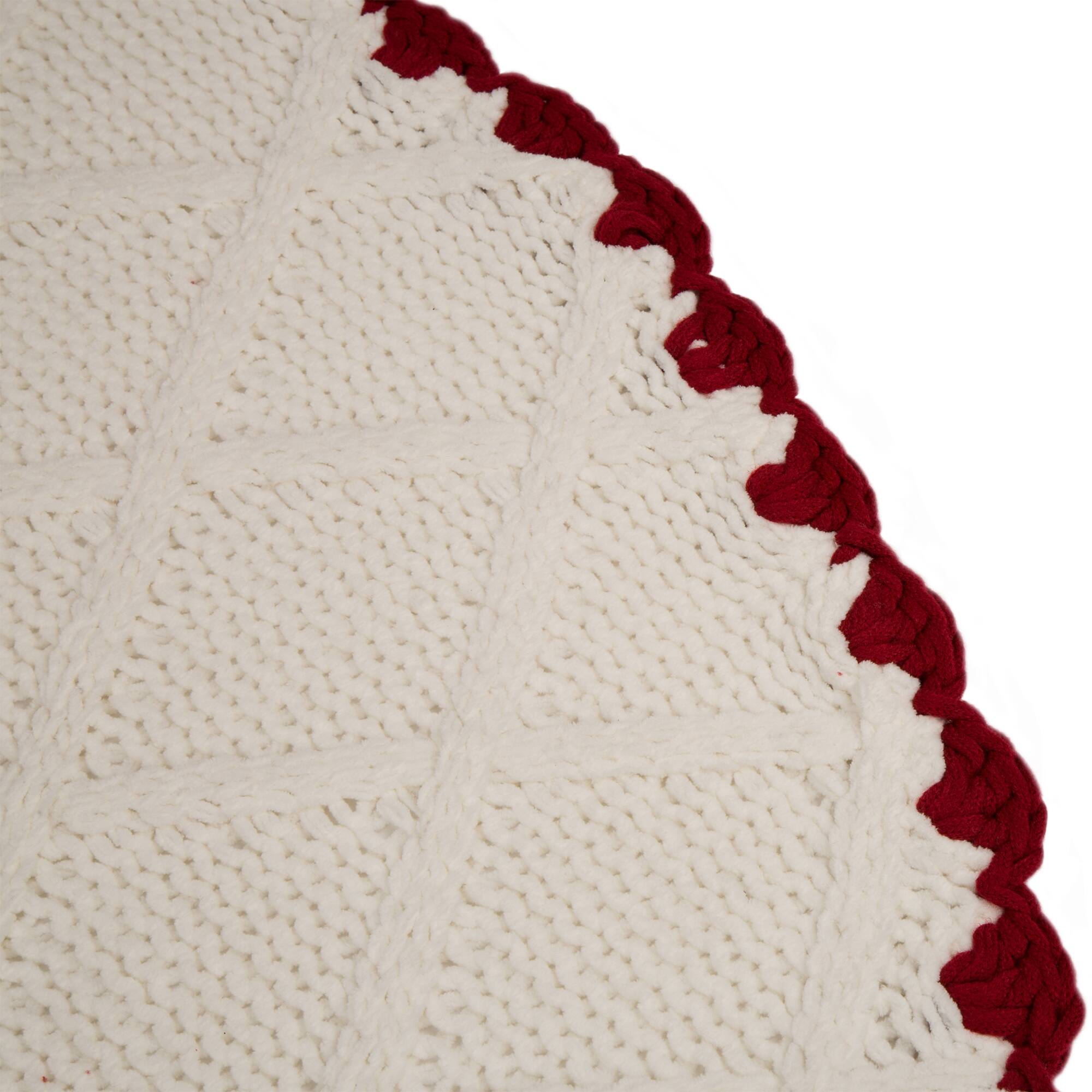 Glitzhome&#xAE; 52&#x22; Knitted White Christmas Tree Skirt with Red Trim &#x26; Pom Pom
