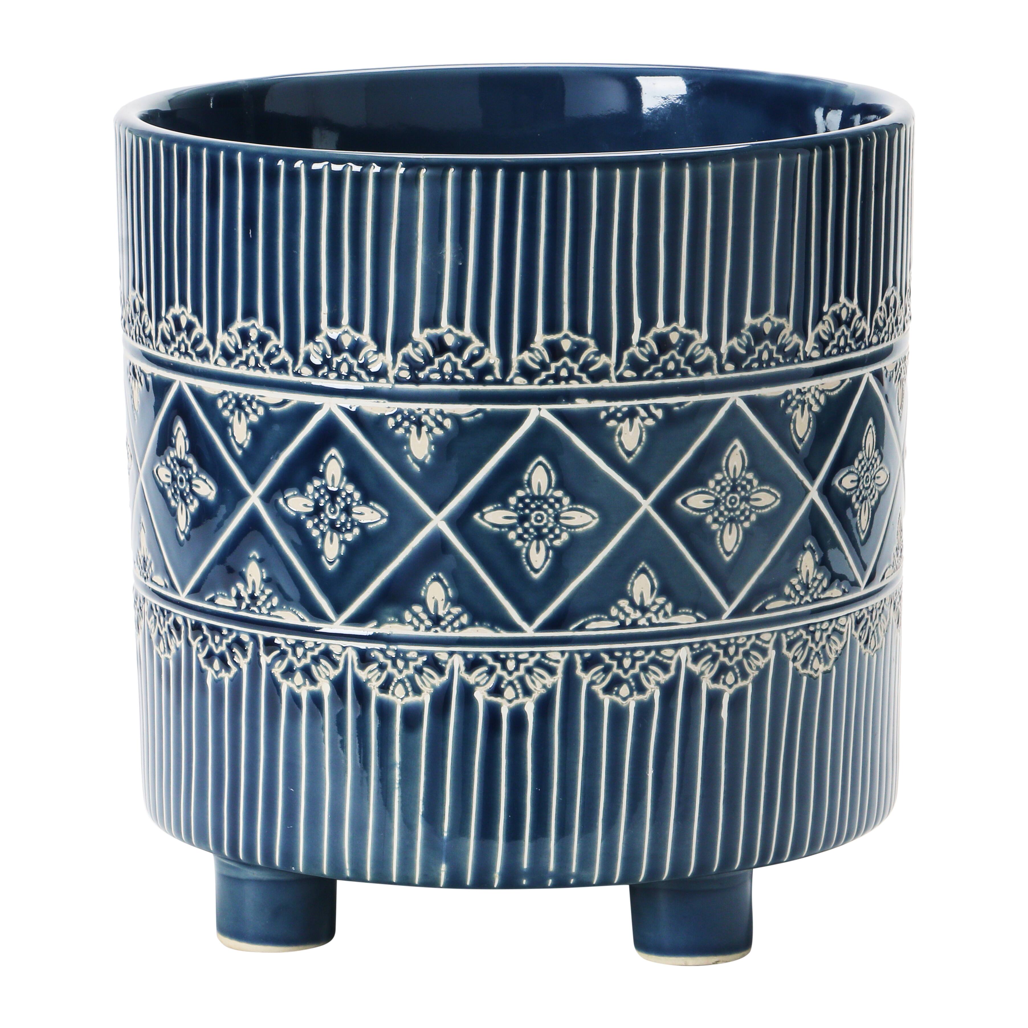Hello Honey&#xAE; 11&#x22; Blue &#x26; White Debossed Stoneware Footed Planter