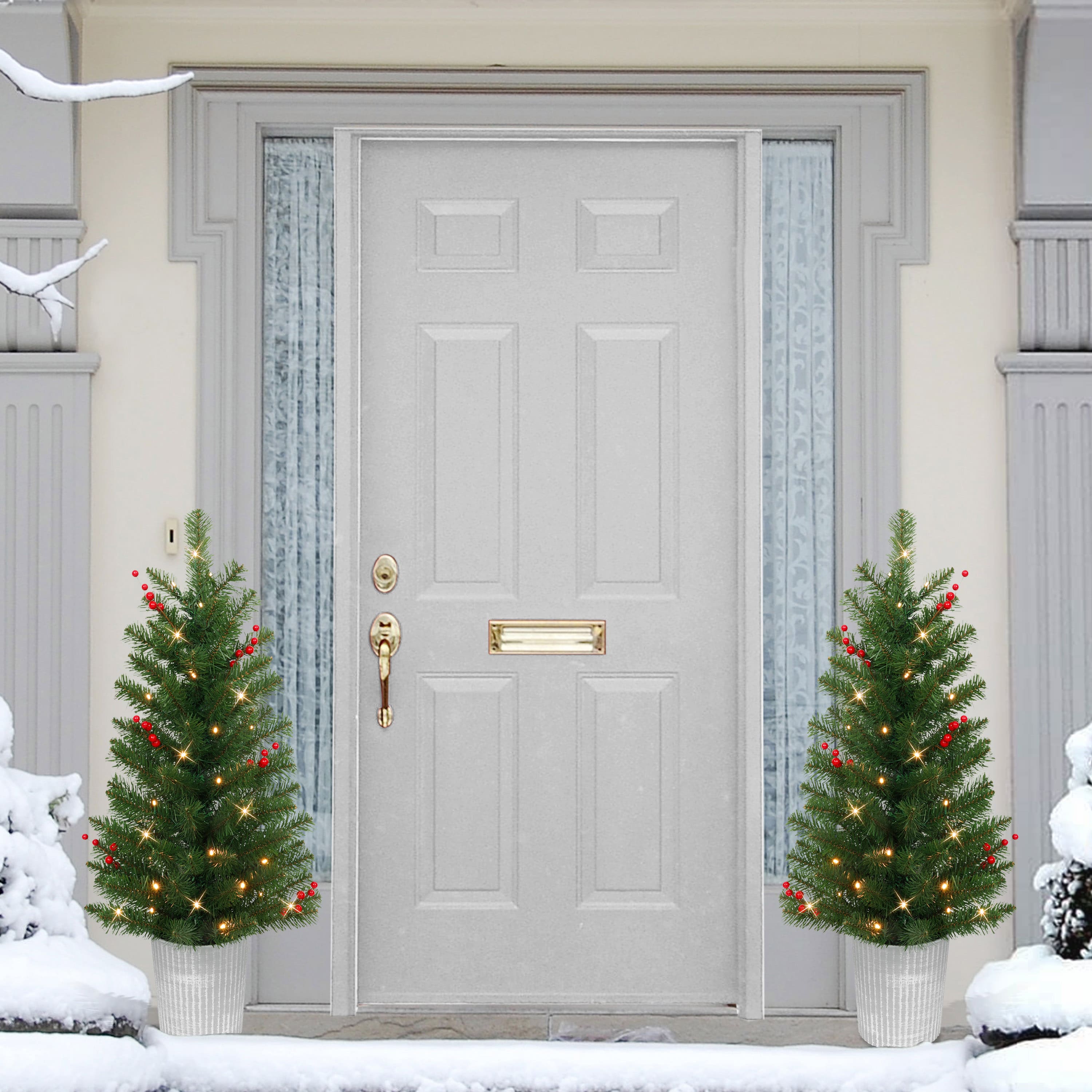 2 Pack 3.5ft. Pre-Lit Adorned Artificial Potted Christmas Tree, Warm White LED Lights