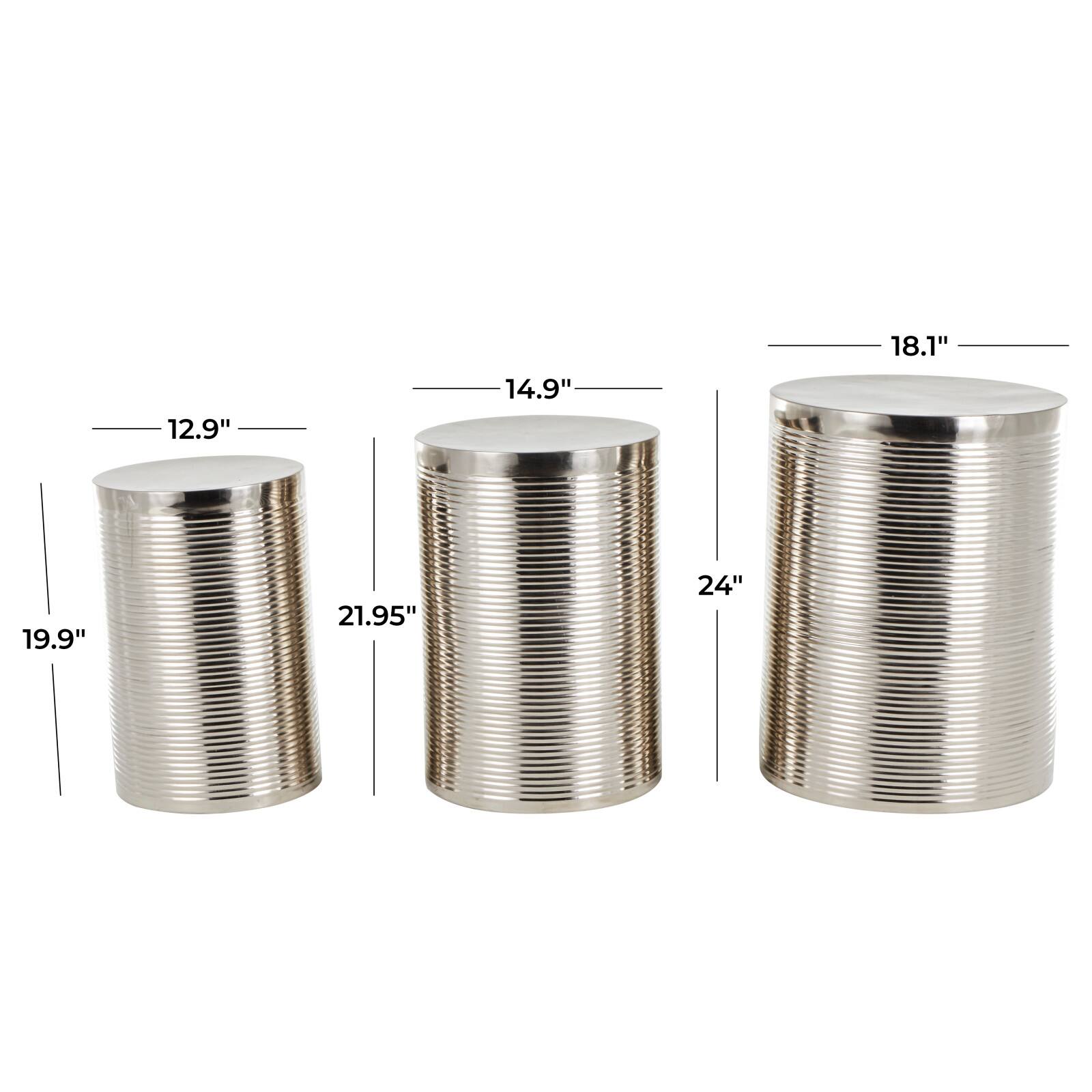 Silver Metal Ribbed Drum Accent Table Set