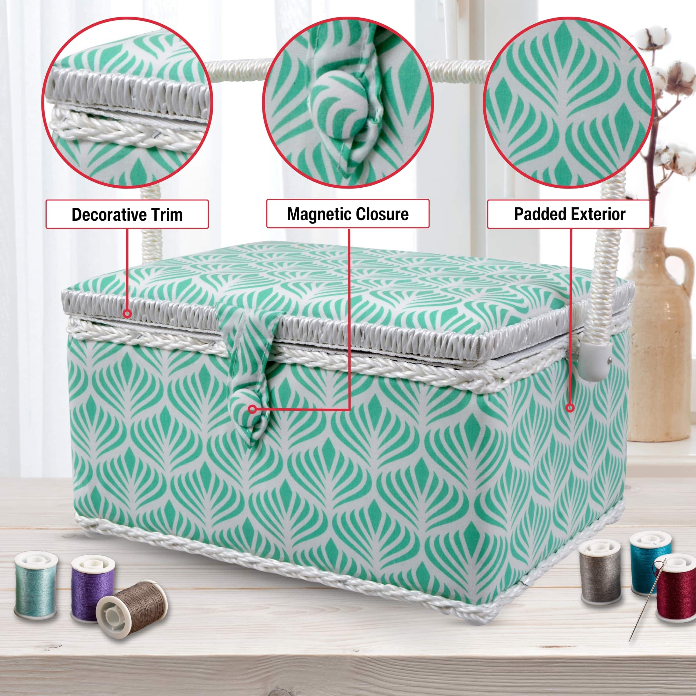 SINGER&#xAE; Large Blue Boho Fan Print Sewing Basket with Sewing Scissors &#x26; Notions