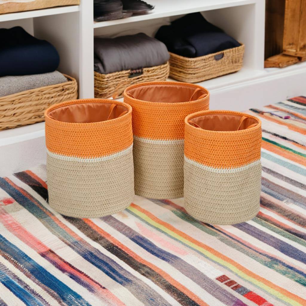 Honey Can Do Orange &#x26; Beige Paper Straw Nesting Baskets with Handles Set