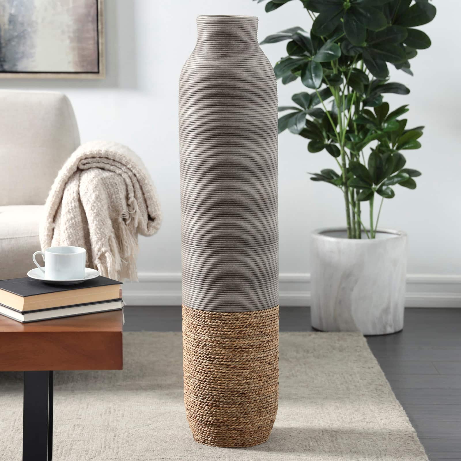 40" Brown Seagrass Handmade Ribbed Vase with Coiled Seagrass Base