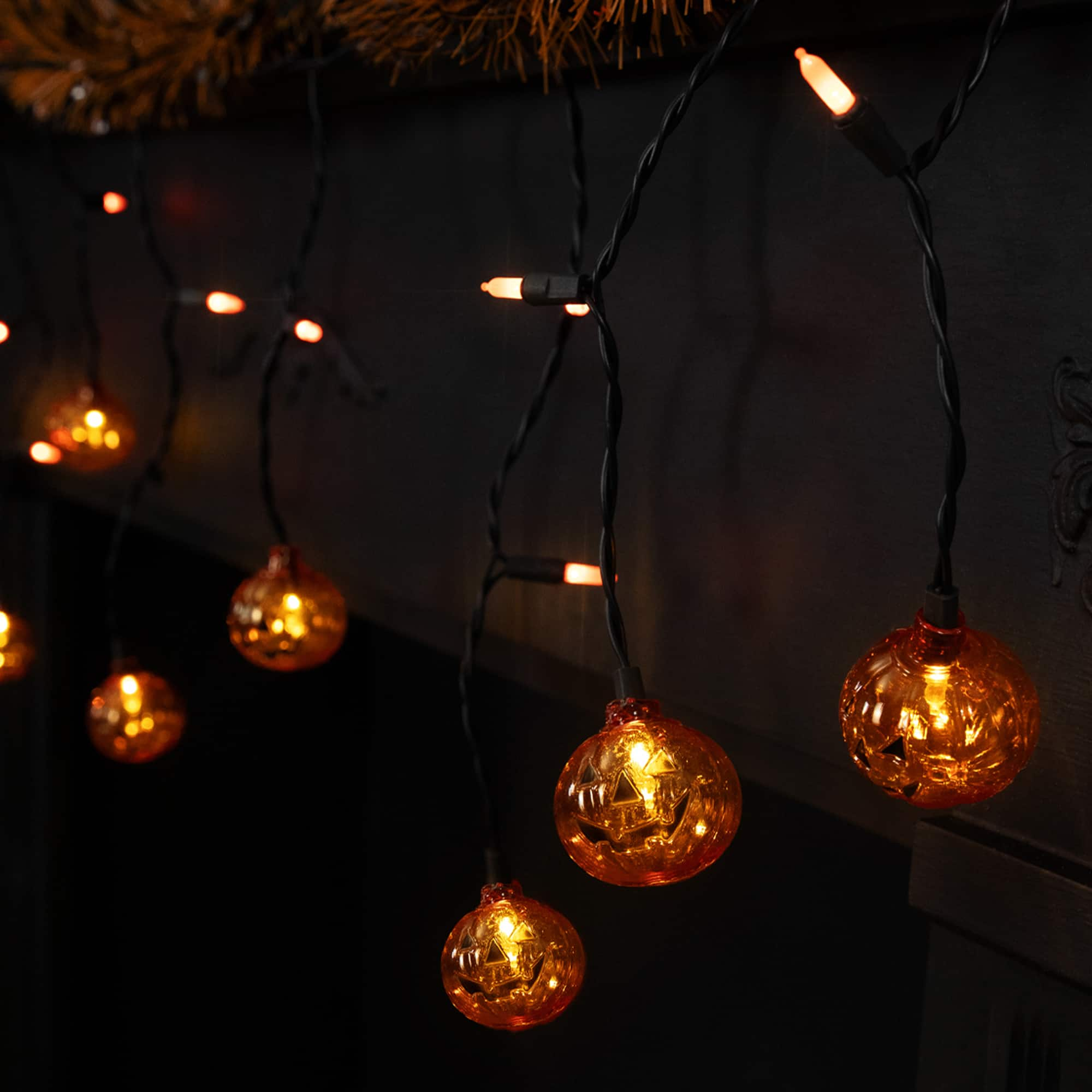 25ct. Jack-o&#x27;-Lantern Orange LED Curtain Icicle String Lights