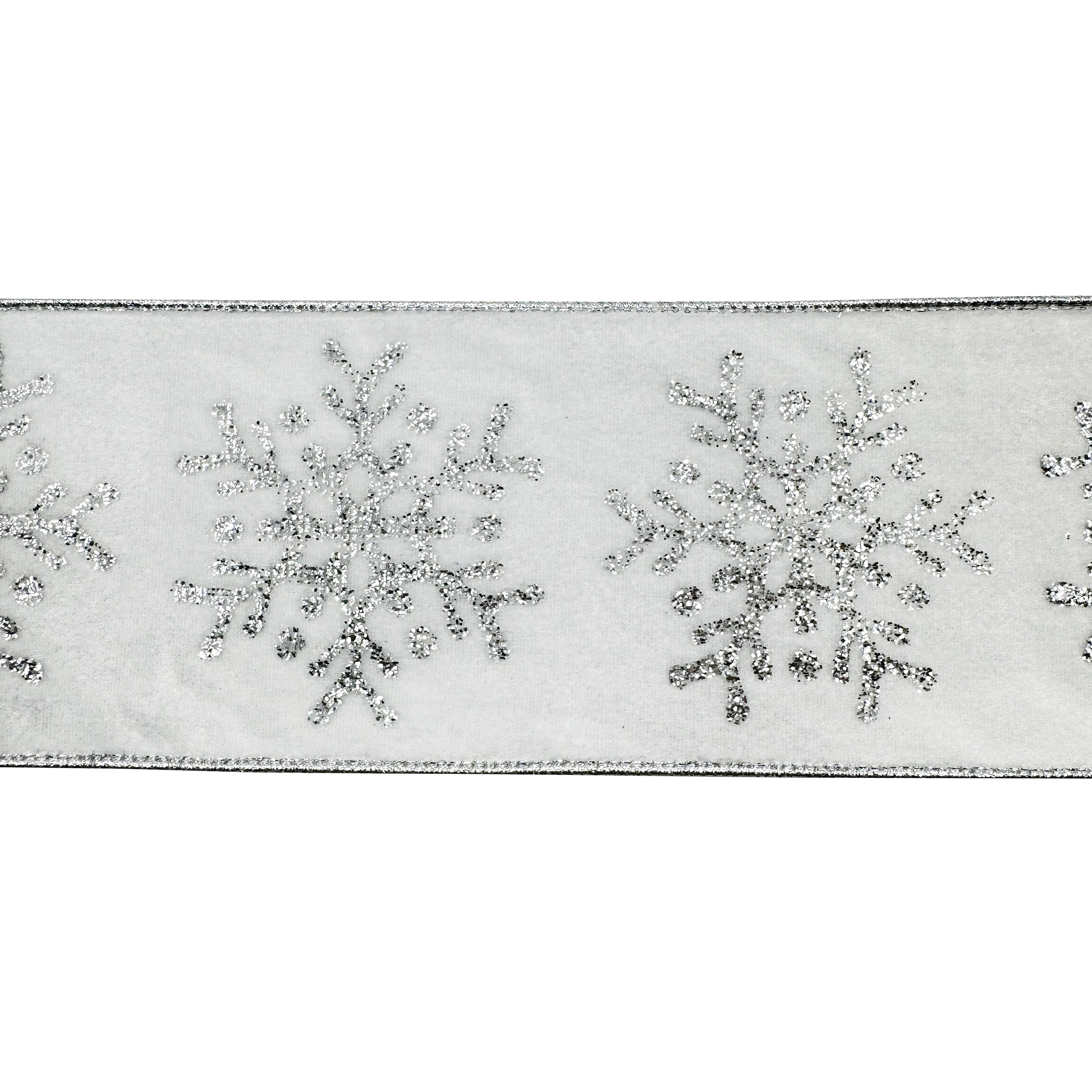3.5&#x22; x 15ft. White &#x26; Silver Glitter Snowflakes Wired Velvet Ribbon by Celebrate It&#xAE;