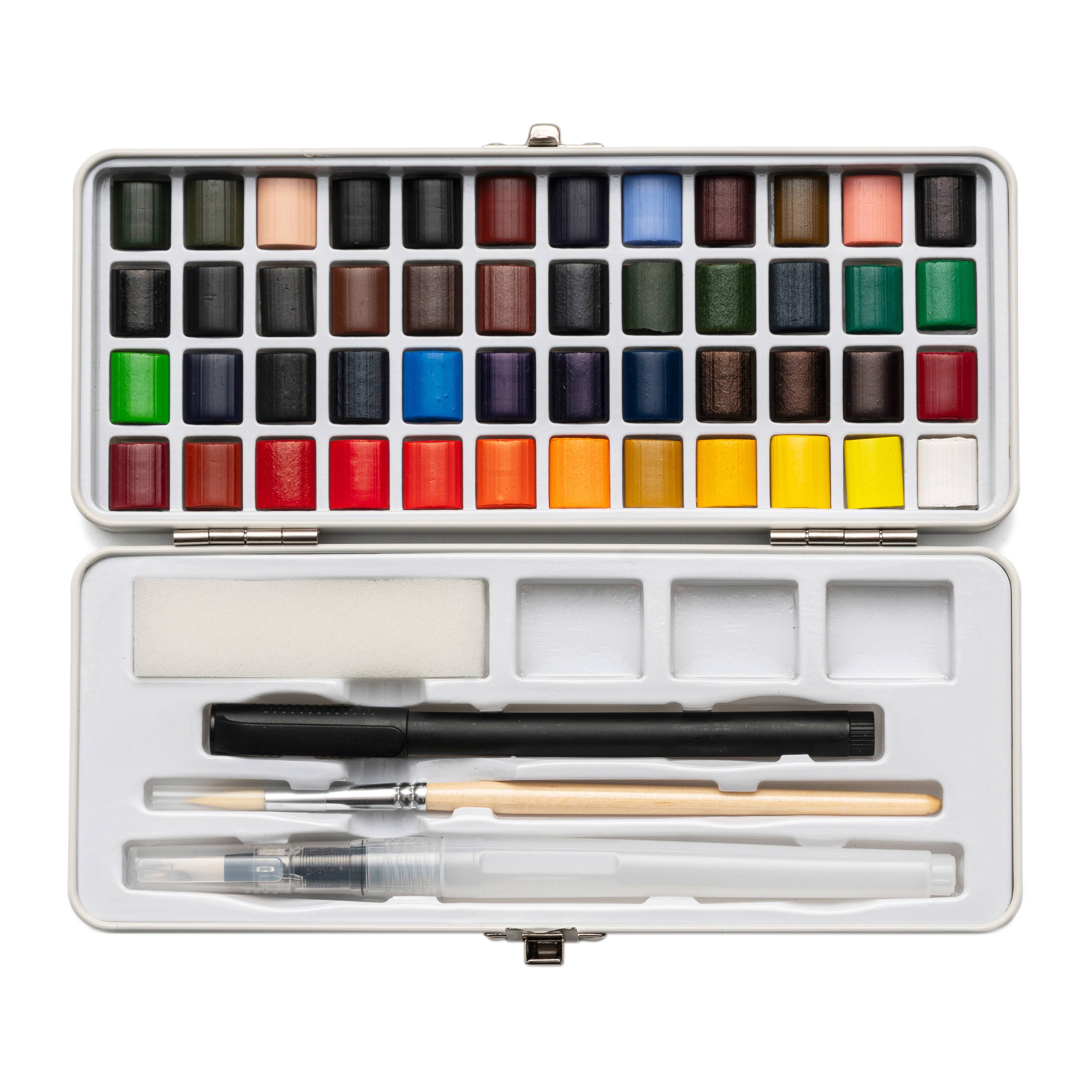 48ct Aquarelle Half Pan Water Brush Pen Color Set In Tin Case