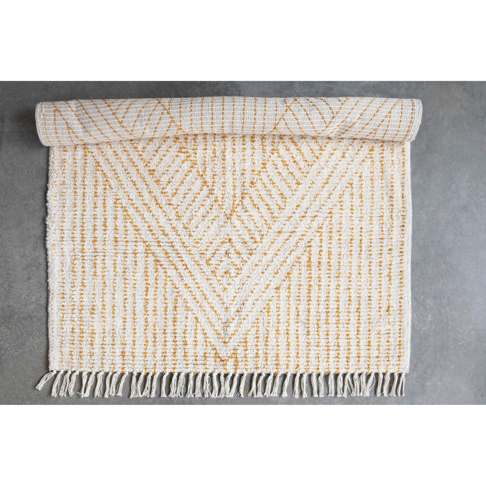 Stonewashed Cotton Tufted Rug With Diamond Design, Stripes &#x26; Fringe