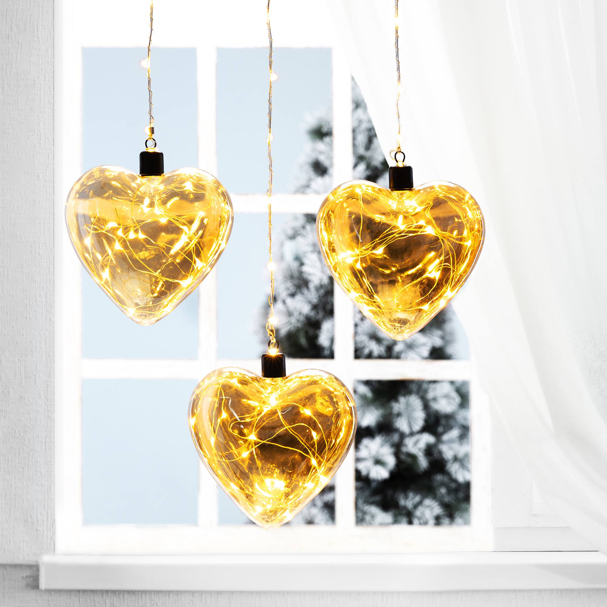 CHAMPAGNE GOLD GLASS LED LIGHT HANGING HEART DECORATION PACK OF 4 