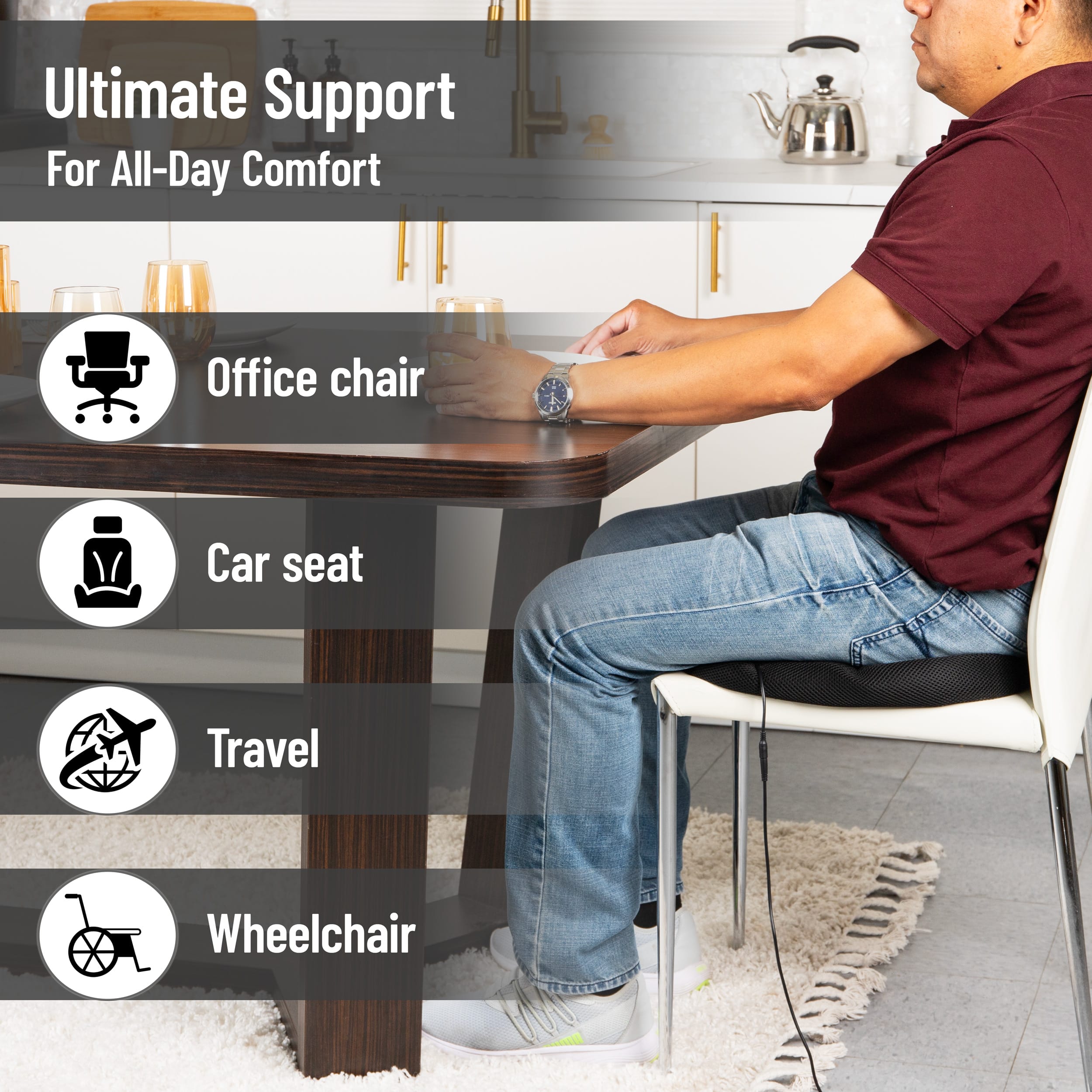 Mind Reader Heated Memory Foam Seat Cushion, Air-Cloud Technology, Coccyx & Hip Pain Relief with 4 Heat Settings, Timer & Auto Shut-Off, Black