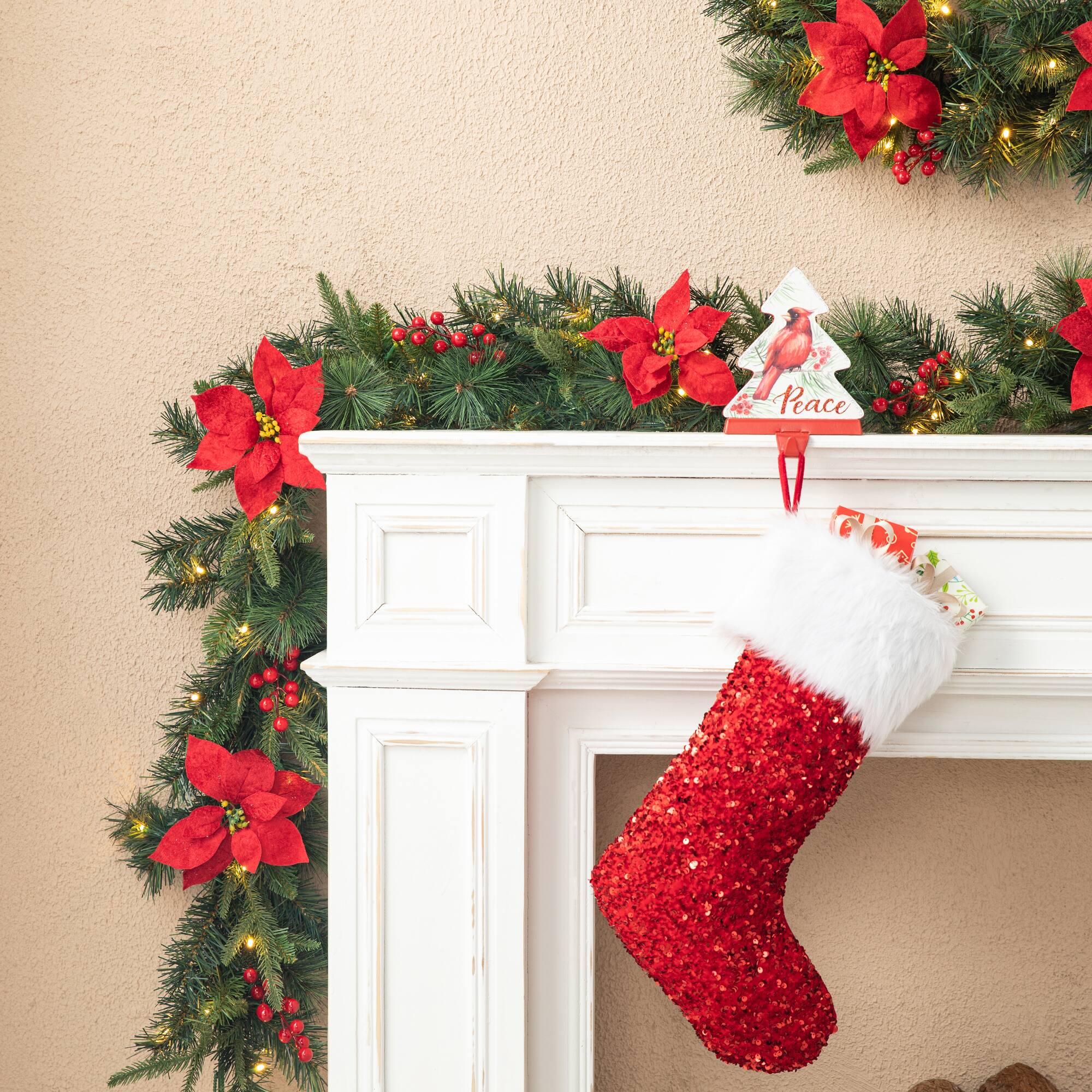 Glitzhome® 6ft. Pre-Lit Pine, Red Poinsettia & Berries Christmas Garlands with Timers, 2ct.
