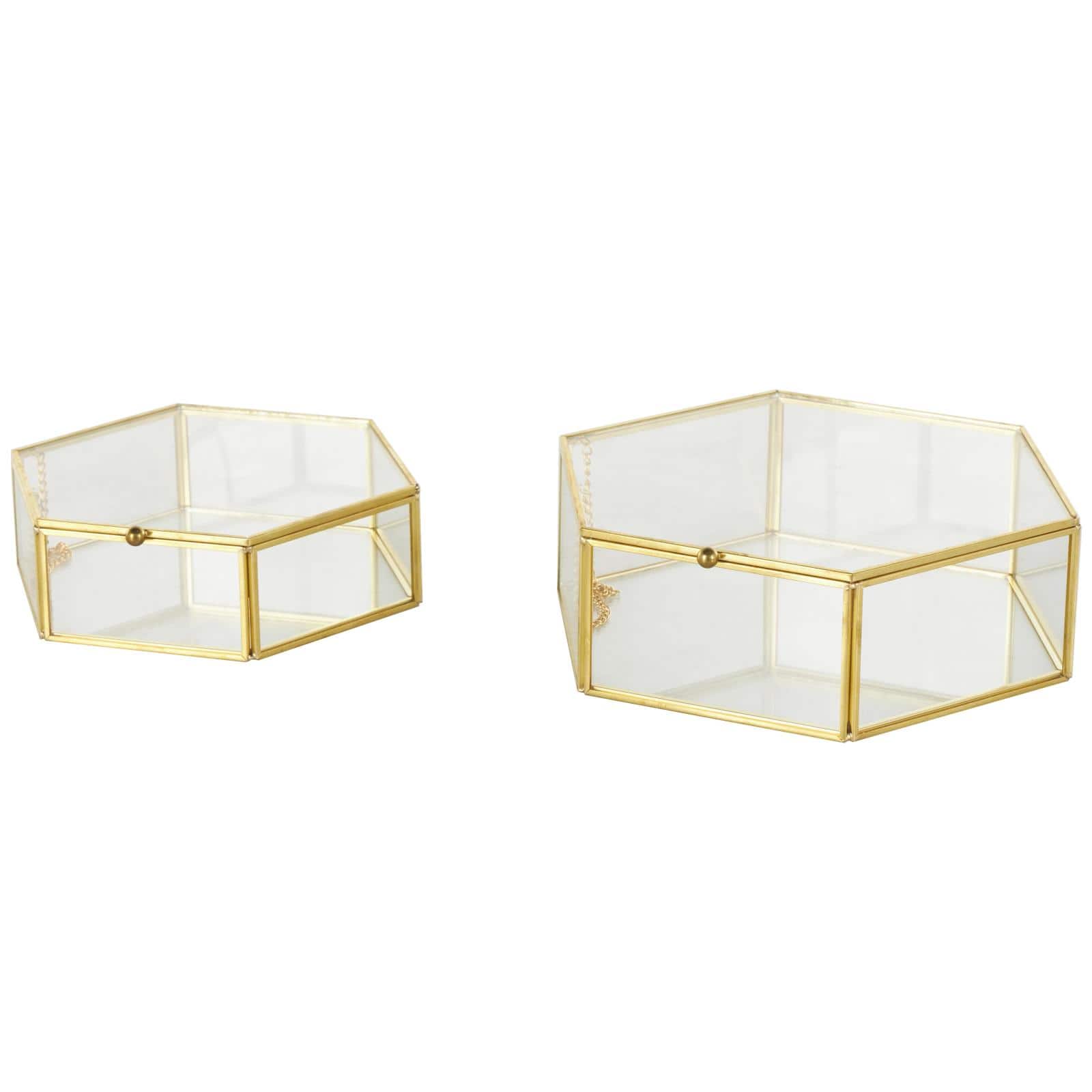 Clear & Gold Glass & Metal Hexagon Jewelry Box with Chain Accent Set