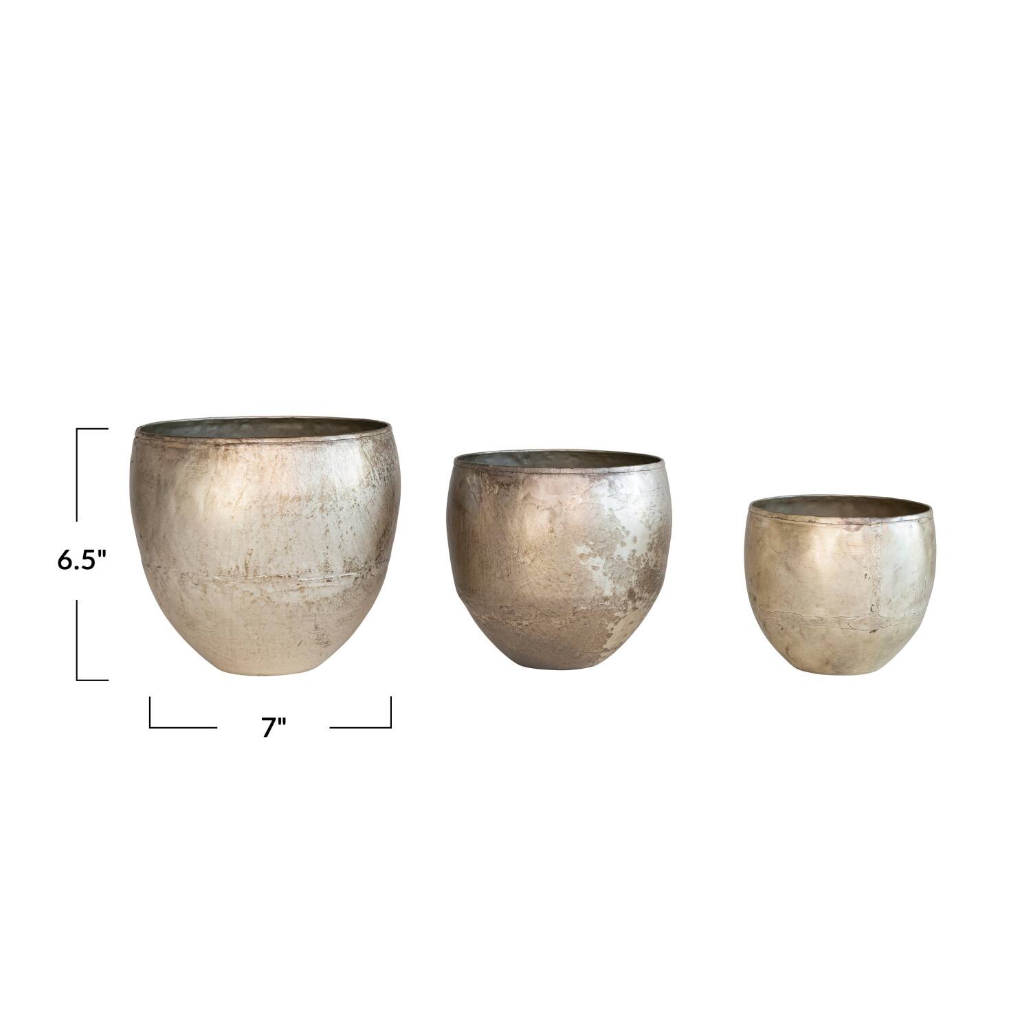 Distressed Pewter Finish Round Metal Planters Set