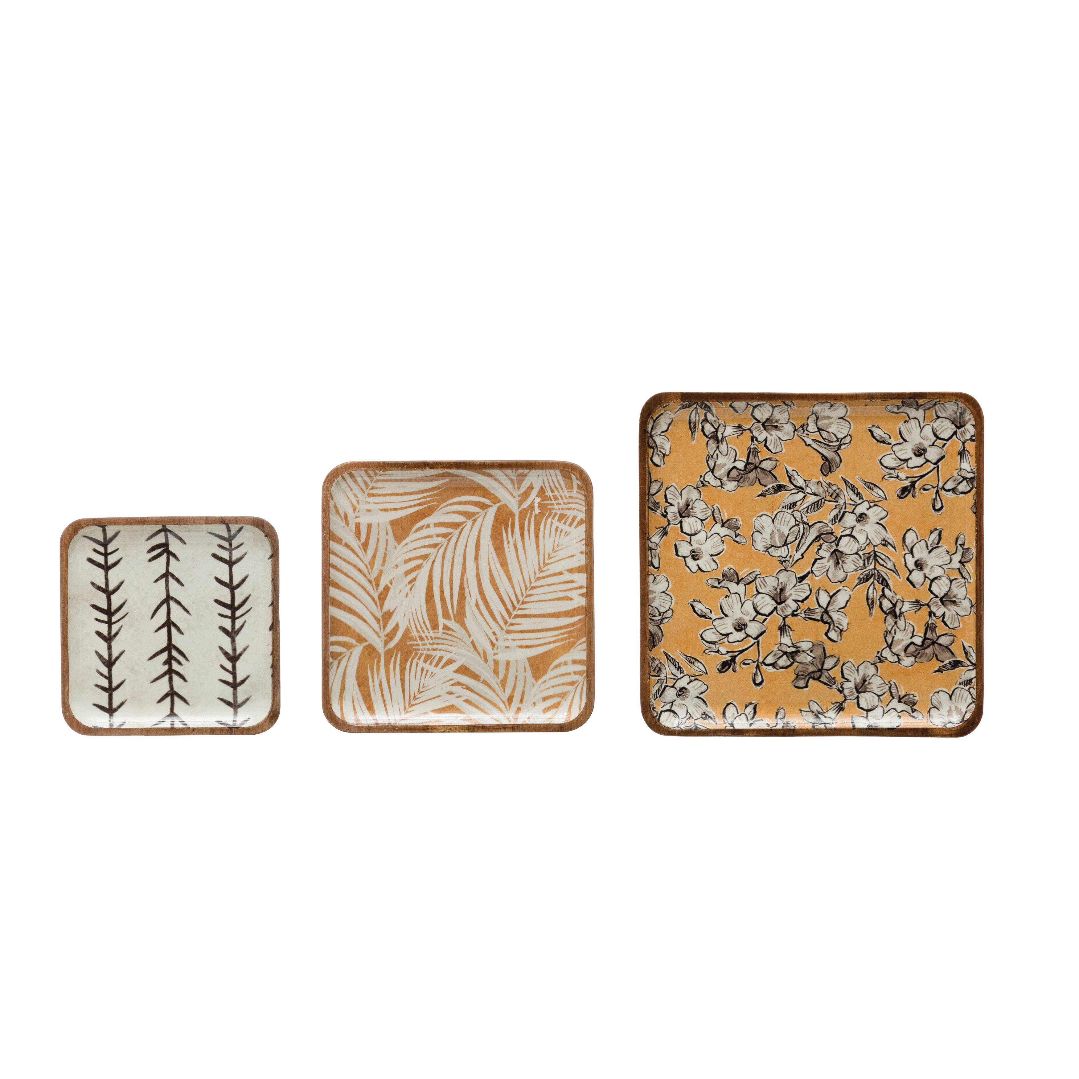 Hello Honey® Square Enameled Acacia Wood Printed Trays Set