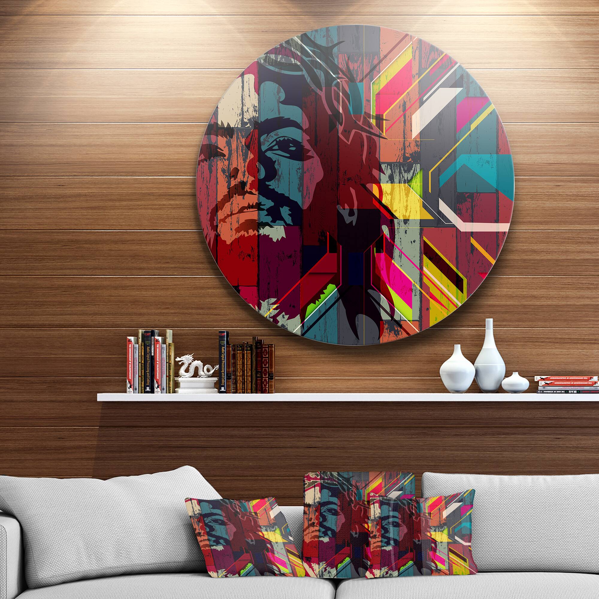 Designart - Jesus over Abstract Wooden Design' Ultra Glossy Large Abstract Oversized Metal Circle Wall Art