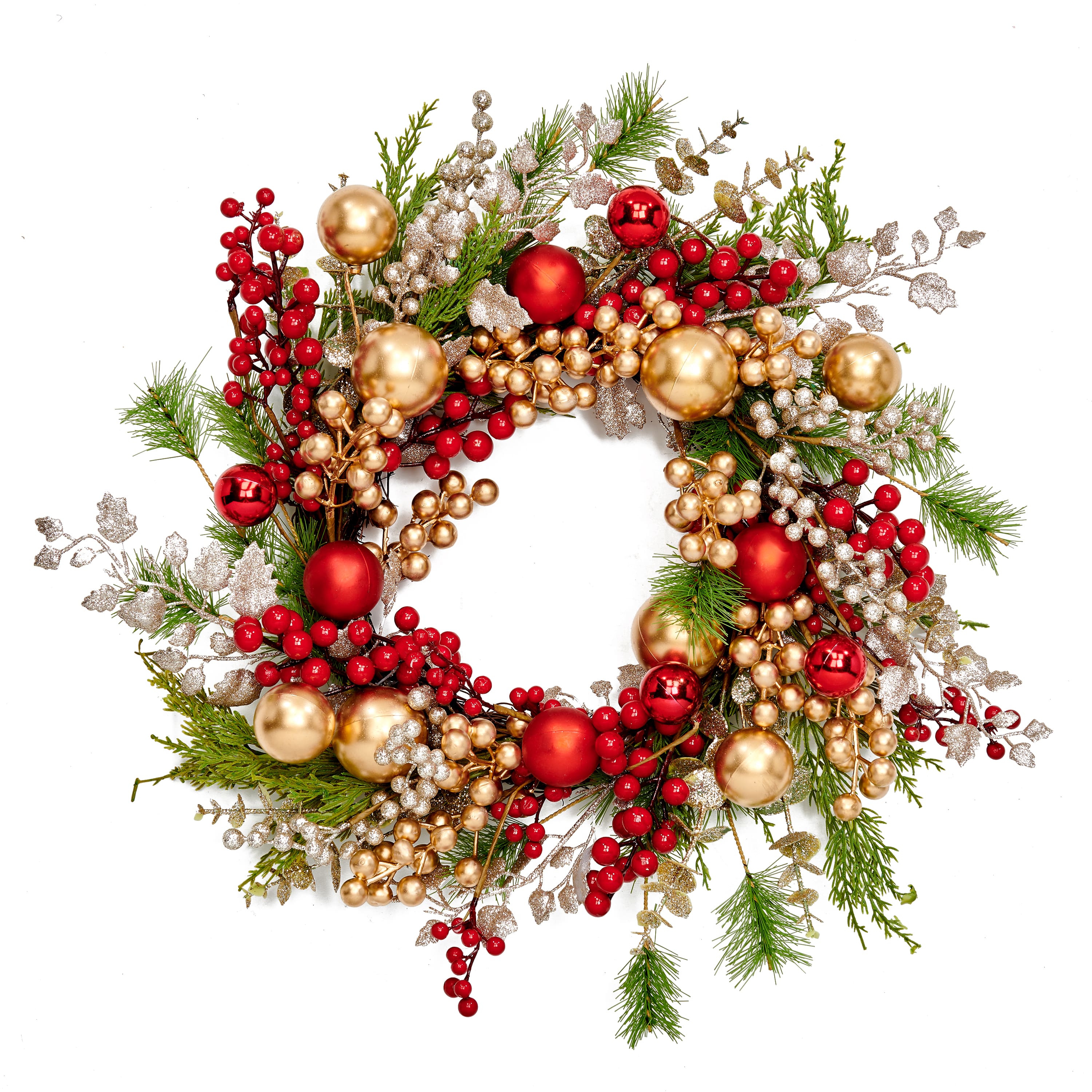 22" Christmas Red & Gold Balls Eucalyptus Cedar Wreath